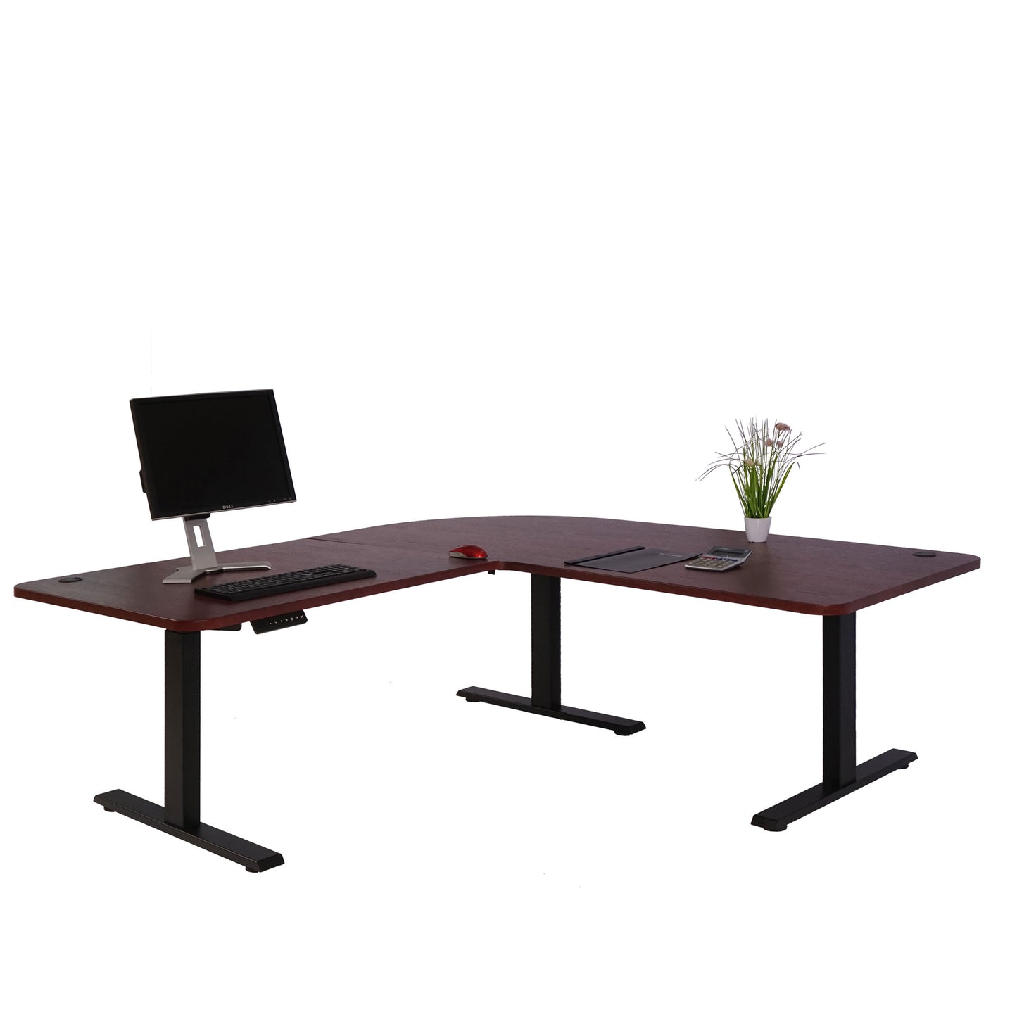 Hoekbureau MCW-D40, computerbureau elektrisch in hoogte verstelbaar 178x178cm 84kg MVG ~ kersen decor, zwart