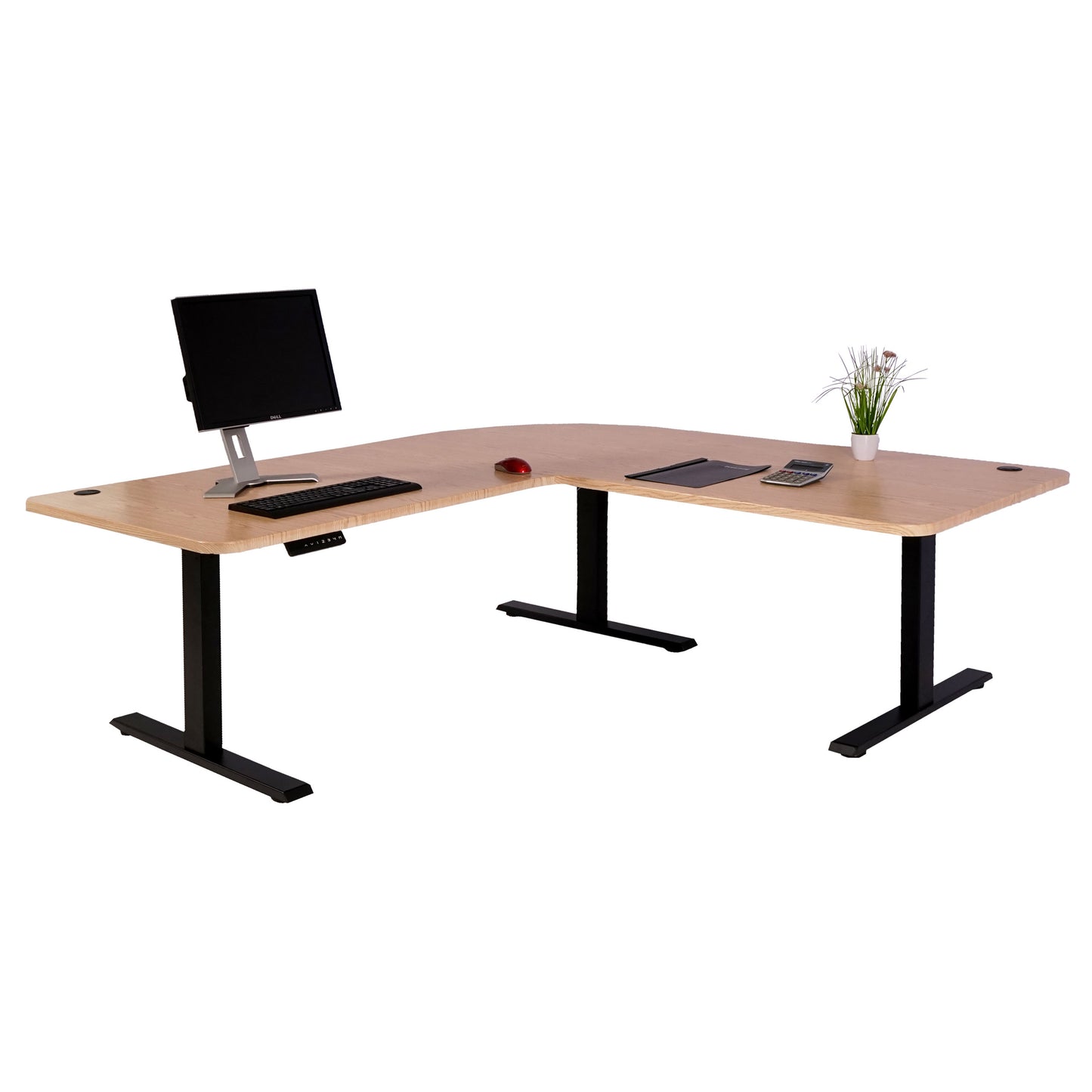 Hoekbureau MCW-D40, computerbureau elektrisch in hoogte verstelbaar 178x178cm 84kg MVG ~ lichtbruin, zwart