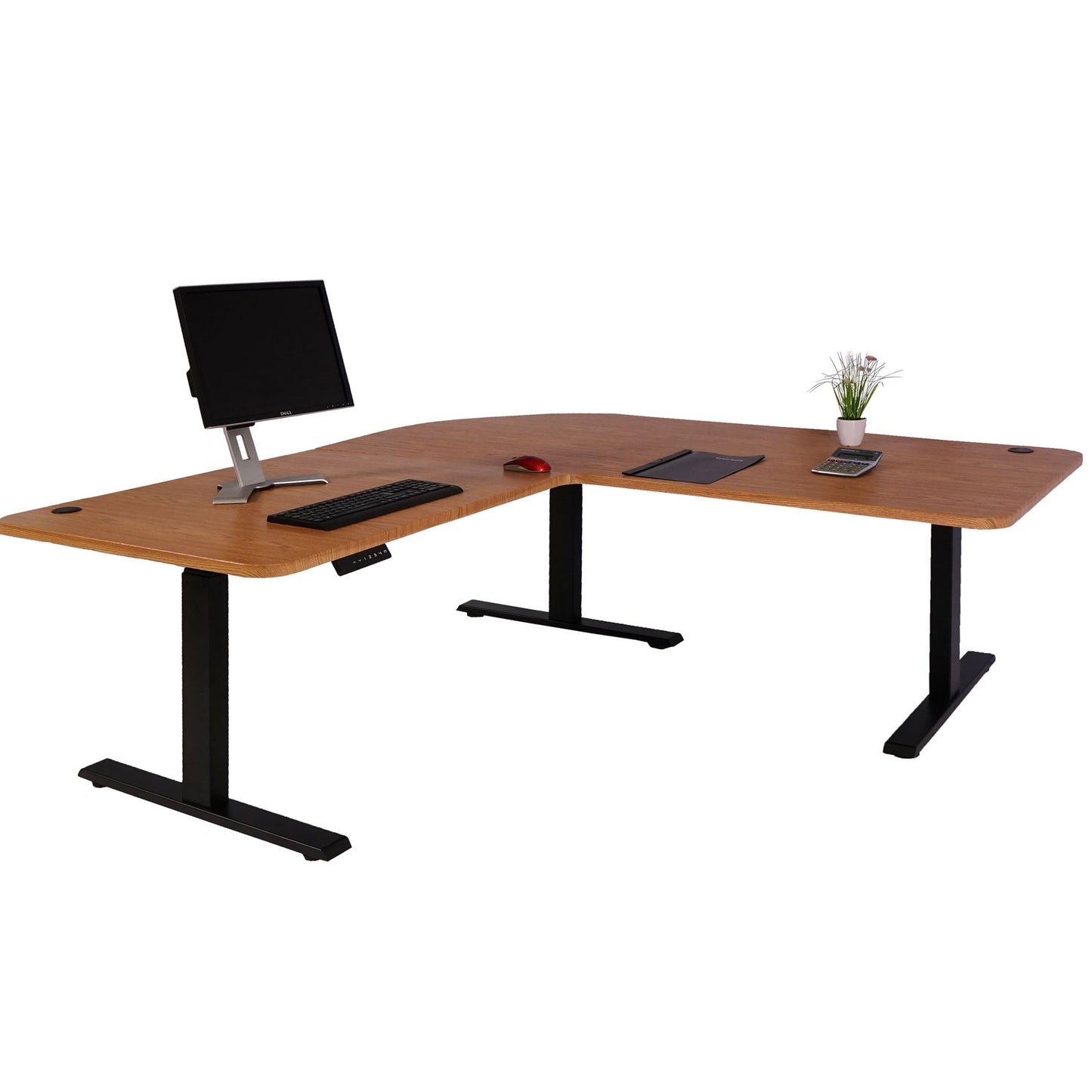 Hoekbureau MCW-D40, computerbureau elektrisch in hoogte verstelbaar 178x178cm 84kg MVG ~ bruine structuur, zwart
