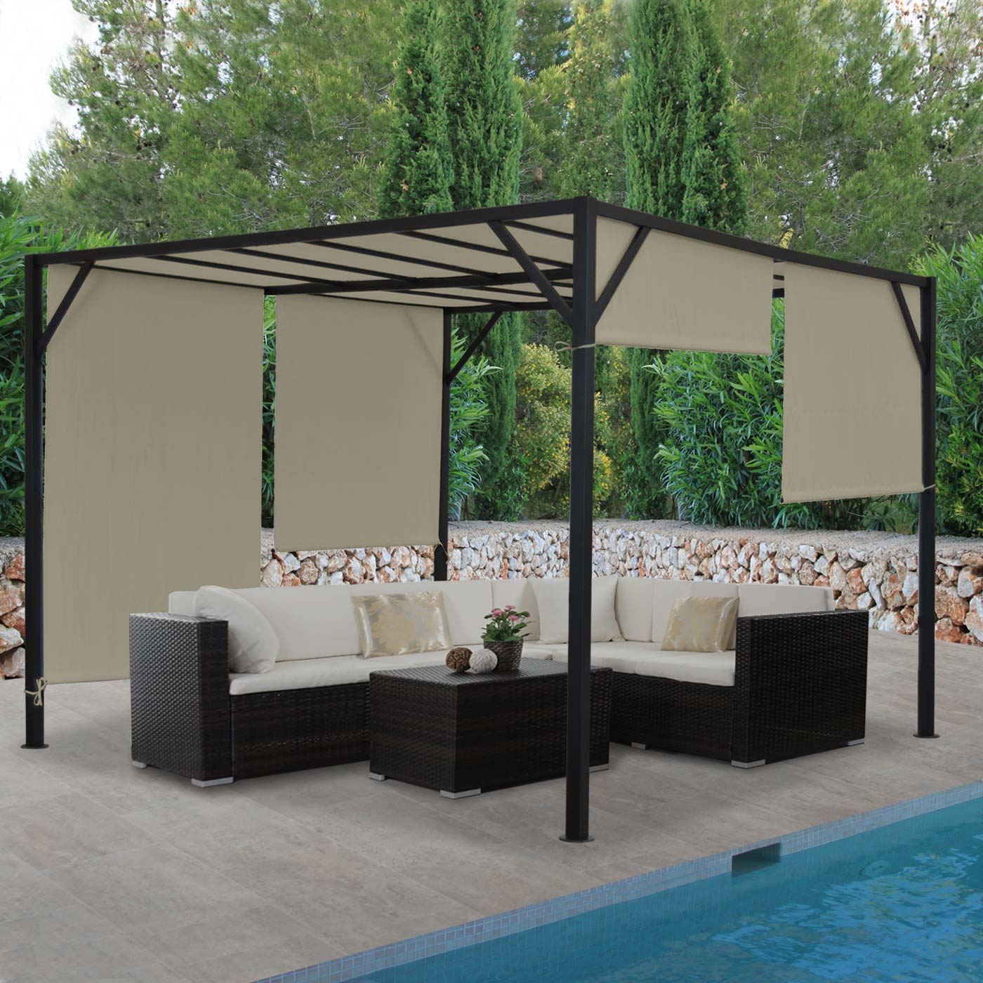 Pergola Baia, tuinpaviljoen terrasoverkapping, stevig 6cm stalen frame + schuifdak taupe ~ 3x4m
