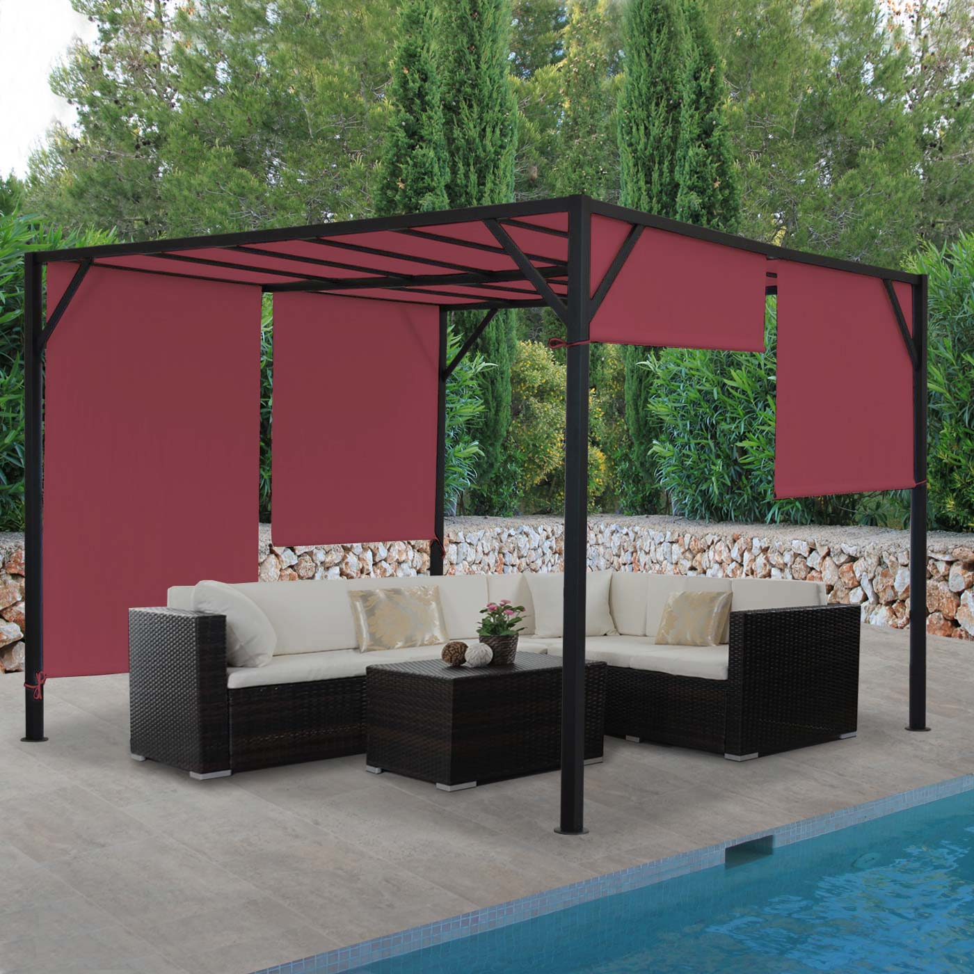 Pergola Baia, tuinpaviljoen terrasoverkapping, stevig 6cm stalen frame + schuifdak bordeaux-rood ~ 3x4m