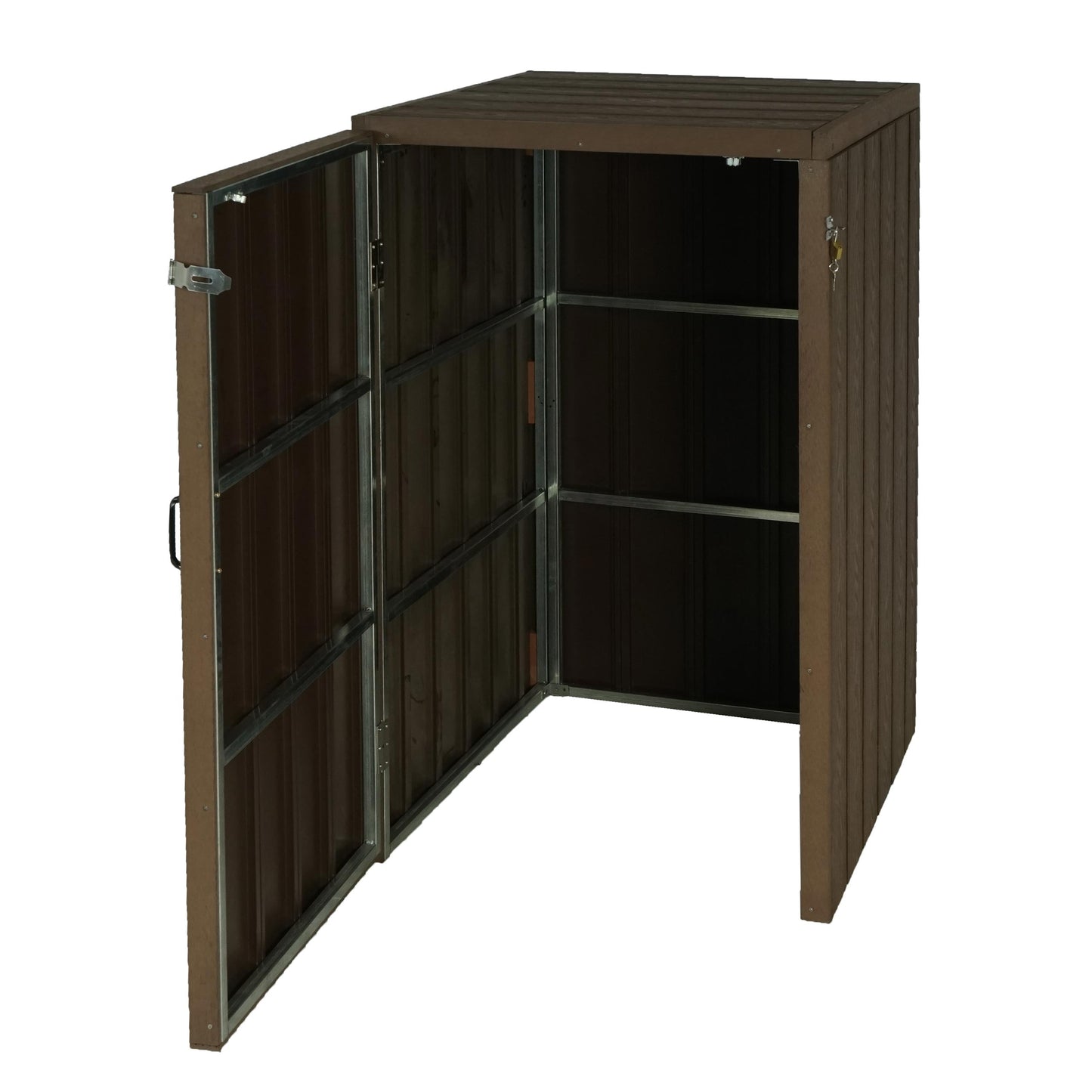 1 WPC afvalbakdeksel MCW-J28, premium afvalbak, metaal-houtlook, uittrekbaar ~ bruin