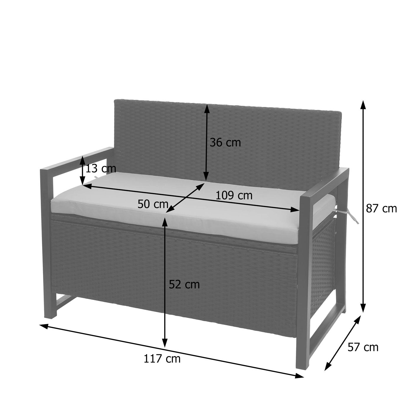 Poly-rattan 2-zitsbank MCW-F39, tuinbank kistbank, opbergvak opbergkussens zitting ~ grijs-gevlamd, grijze kussens