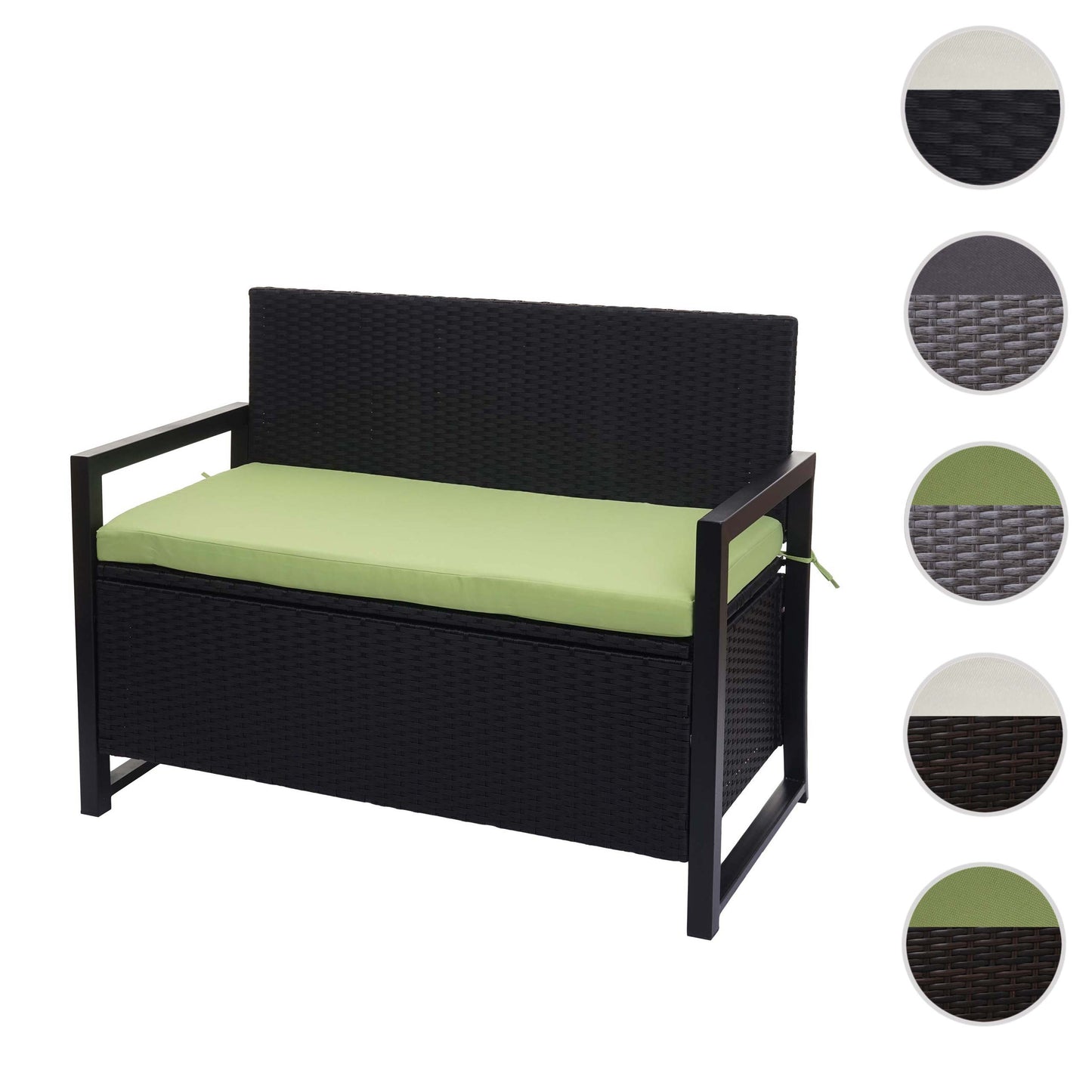 Poly-rattan 2-zitsbank MCW-F39, tuinbank kistbank, opbergvak zitkussen ~ antraciet, kussen groen