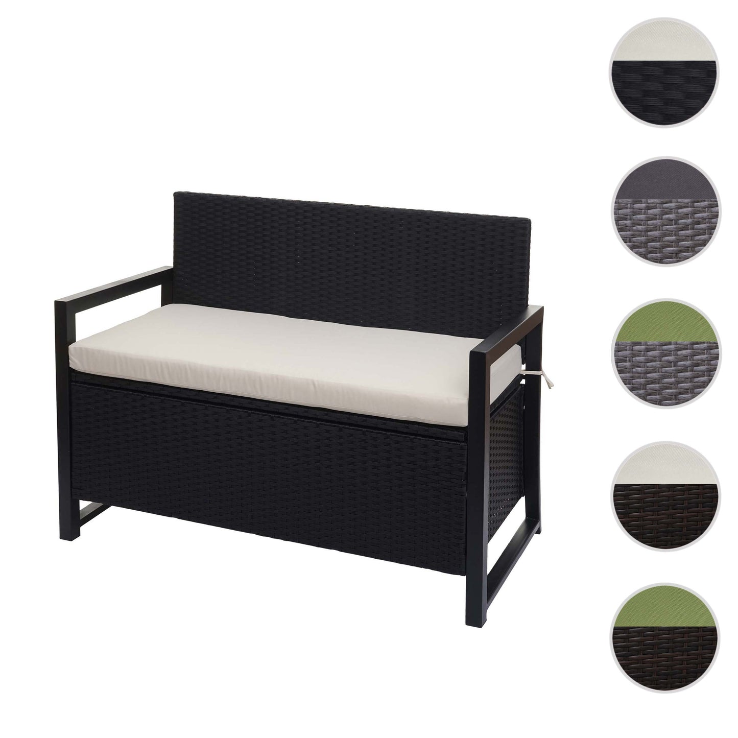 Poly-rattan 2-zitsbank MCW-F39, tuinbank kistbank, opbergvak zitkussens ~ antraciet, kussens crème