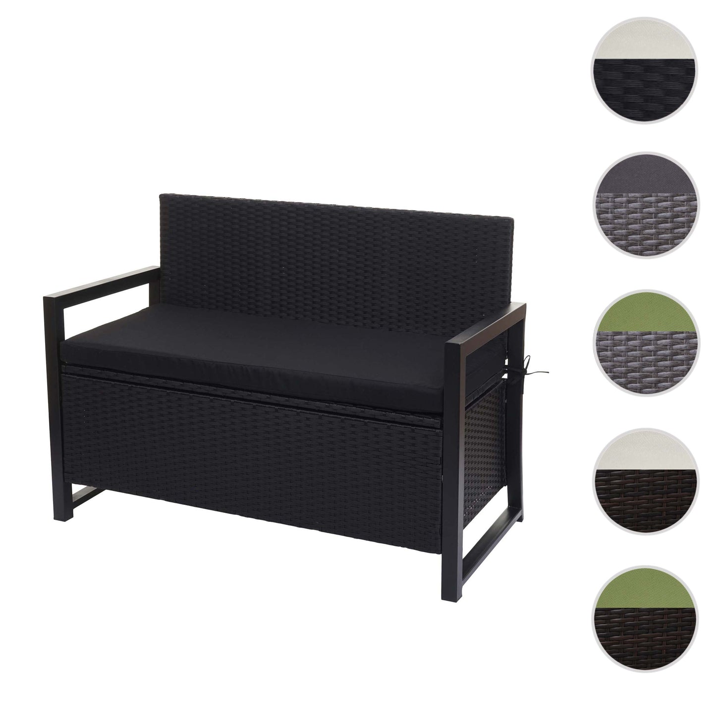 Poly-rattan 2-zitsbank MCW-F39, tuinbank kistbank, opbergvak zitkussens ~ antraciet, kussens zwart