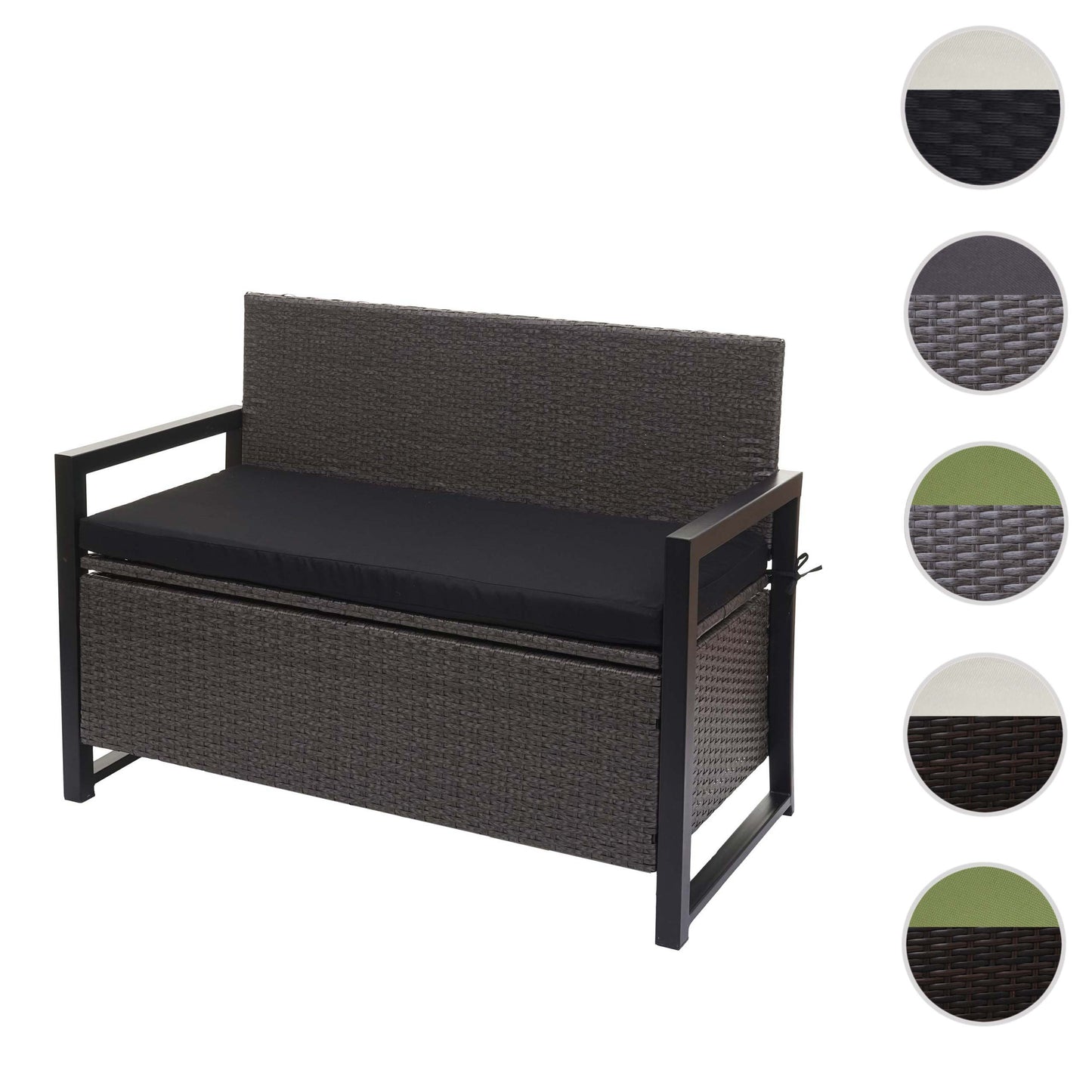 Poly-rattan 2-zitsbank MCW-F39, tuinbank kistbank, opbergvak zitkussens ~ grijs, kussens zwart