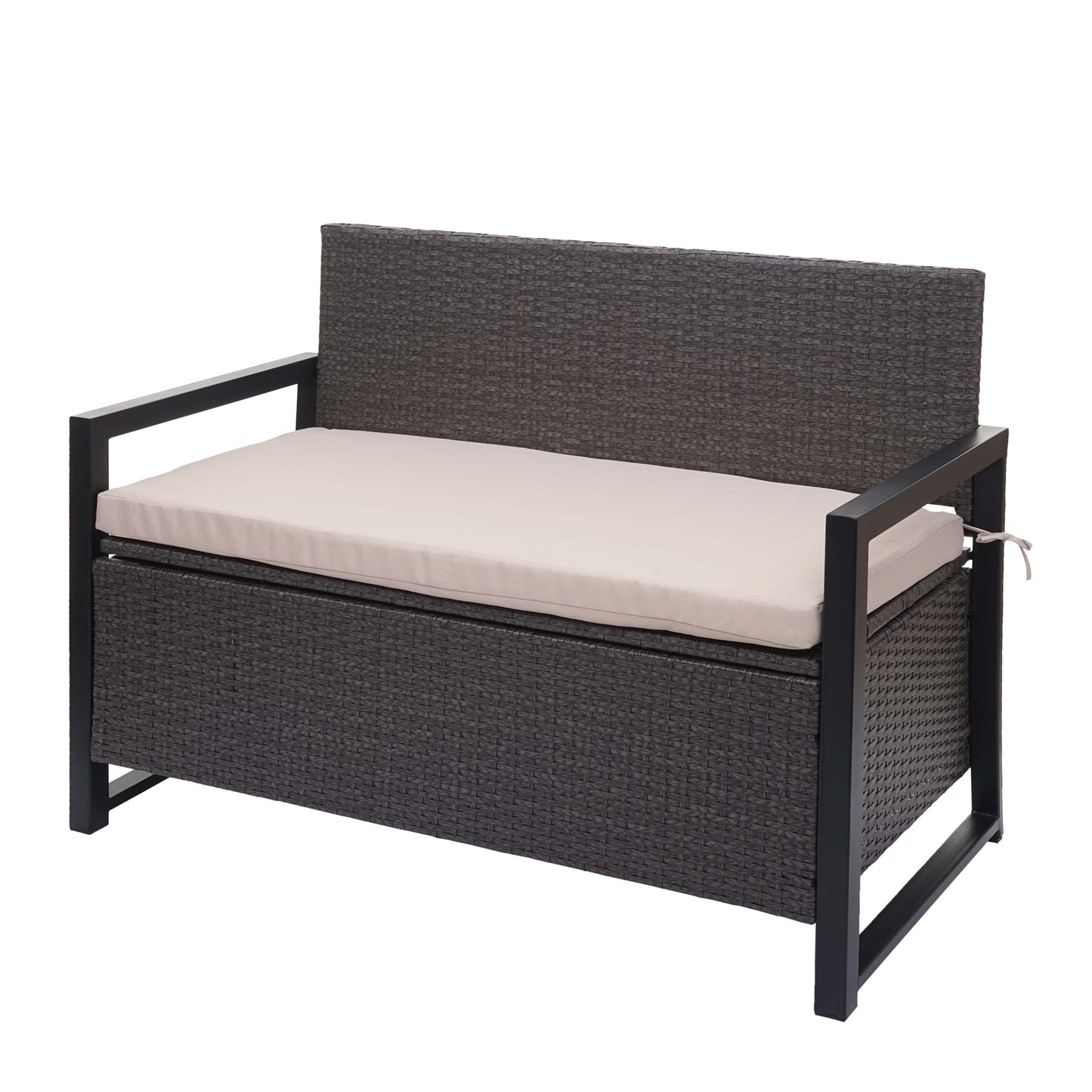 Poly-rattan 2-zitsbank MCW-F39, tuinbank kistbank, opbergvak zitkussens ~ grijs, kussens beige