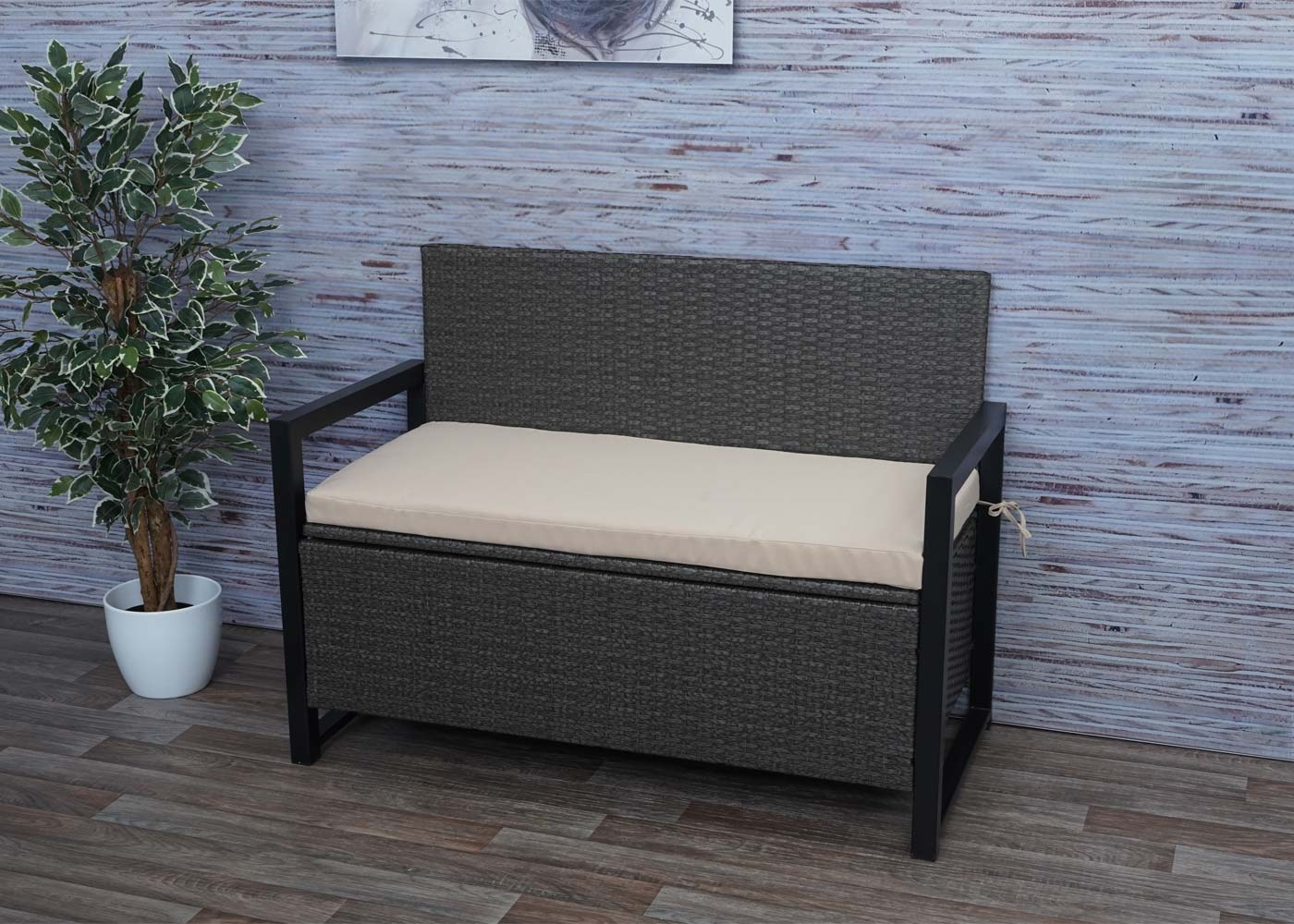 Poly-rattan 2-zitsbank MCW-F39, tuinbank kistbank, opbergvak zitkussens ~ grijs, kussens beige