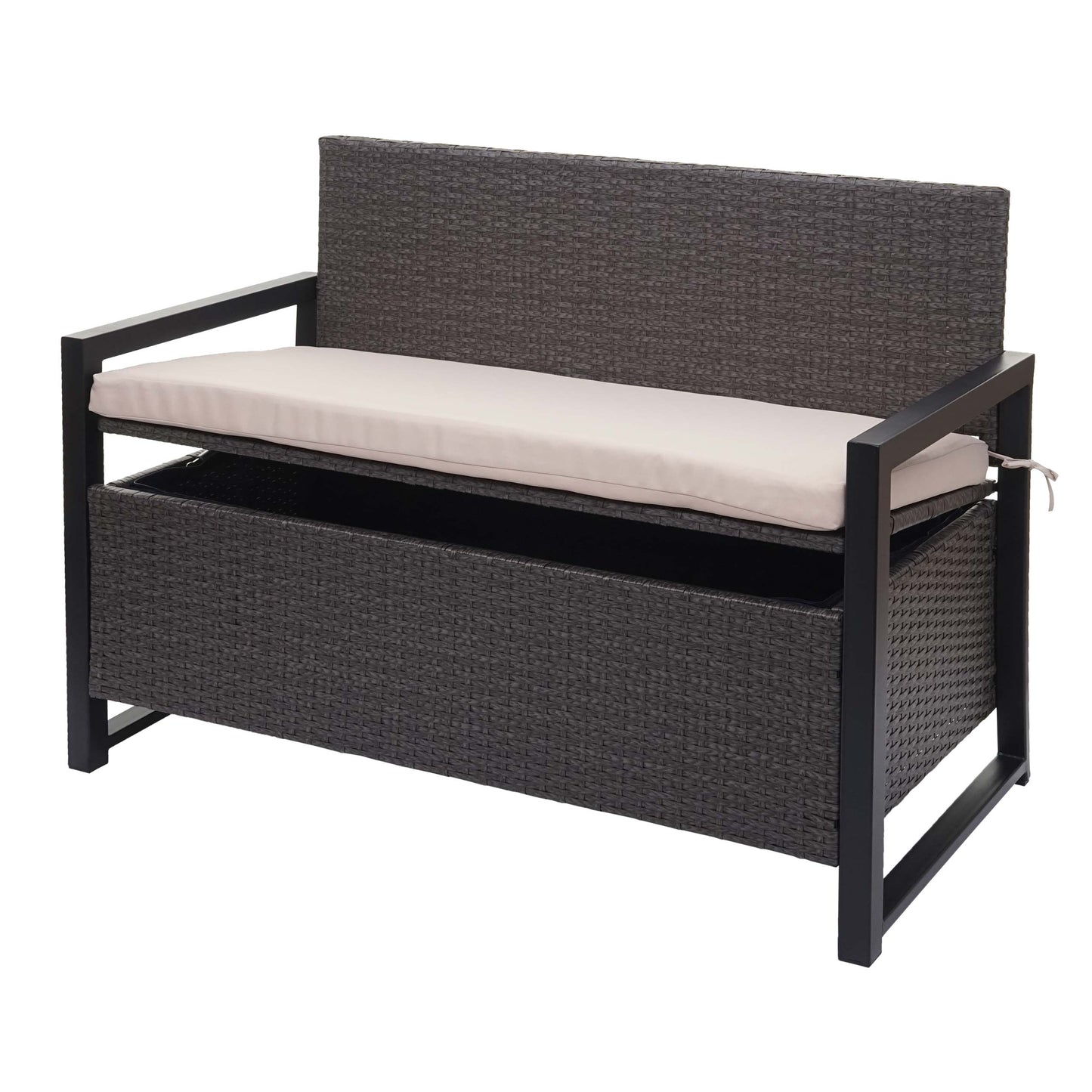 Poly-rattan 2-zitsbank MCW-F39, tuinbank kistbank, opbergvak zitkussens ~ grijs, kussens beige