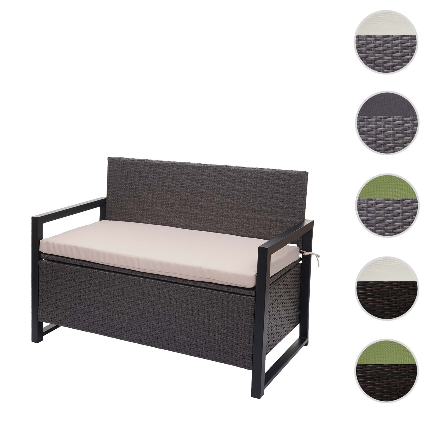 Poly-rattan 2-zitsbank MCW-F39, tuinbank kistbank, opbergvak zitkussens ~ grijs, kussens beige