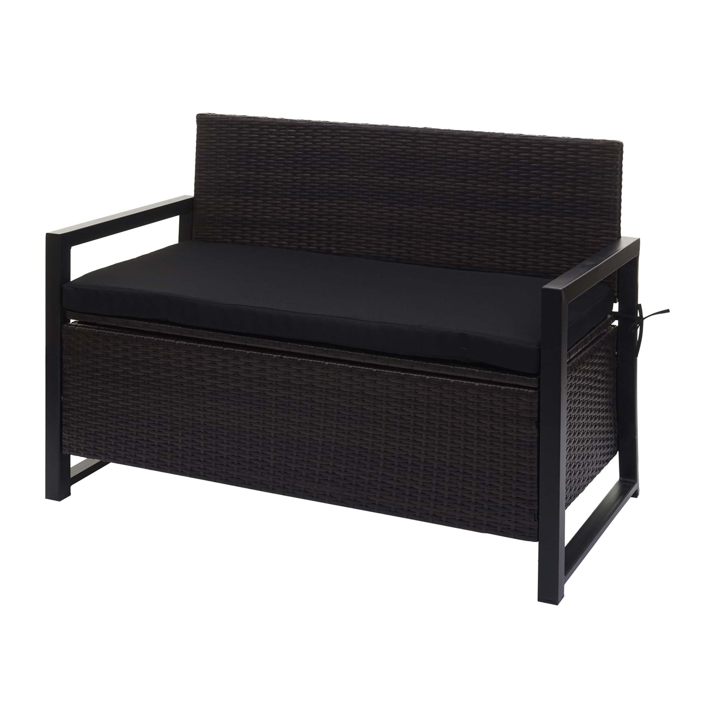 Poly-rattan 2-zitsbank MCW-F39, tuinbank kistbank, opbergvak zitkussens ~ bruin, kussens zwart