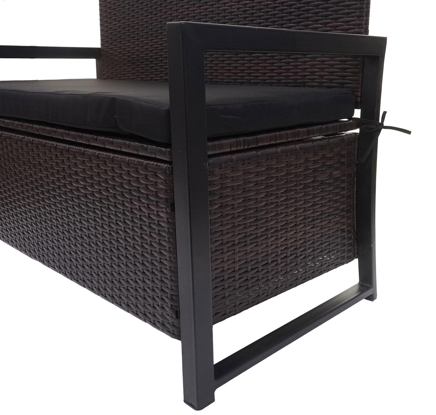 Poly-rattan 2-zitsbank MCW-F39, tuinbank kistbank, opbergvak zitkussens ~ bruin, kussens zwart