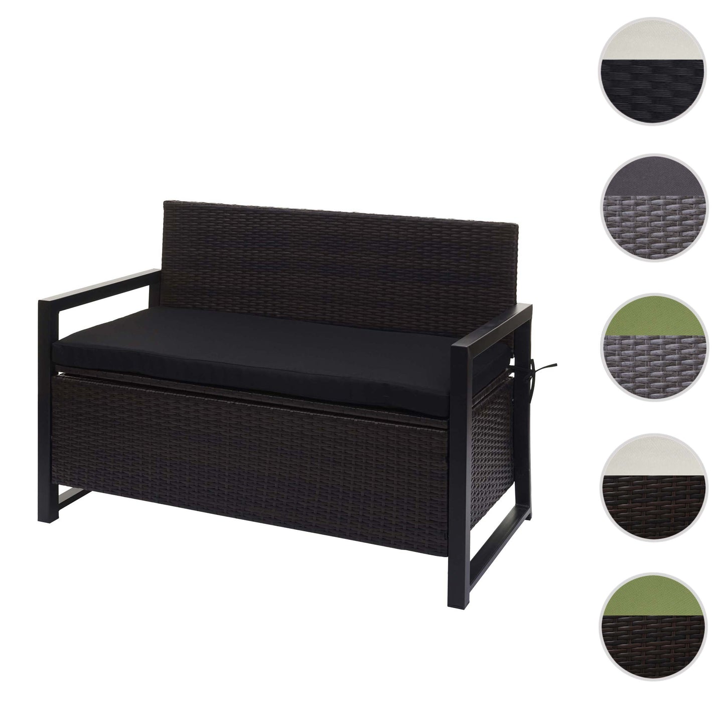 Poly-rattan 2-zitsbank MCW-F39, tuinbank kistbank, opbergvak zitkussens ~ bruin, kussens zwart