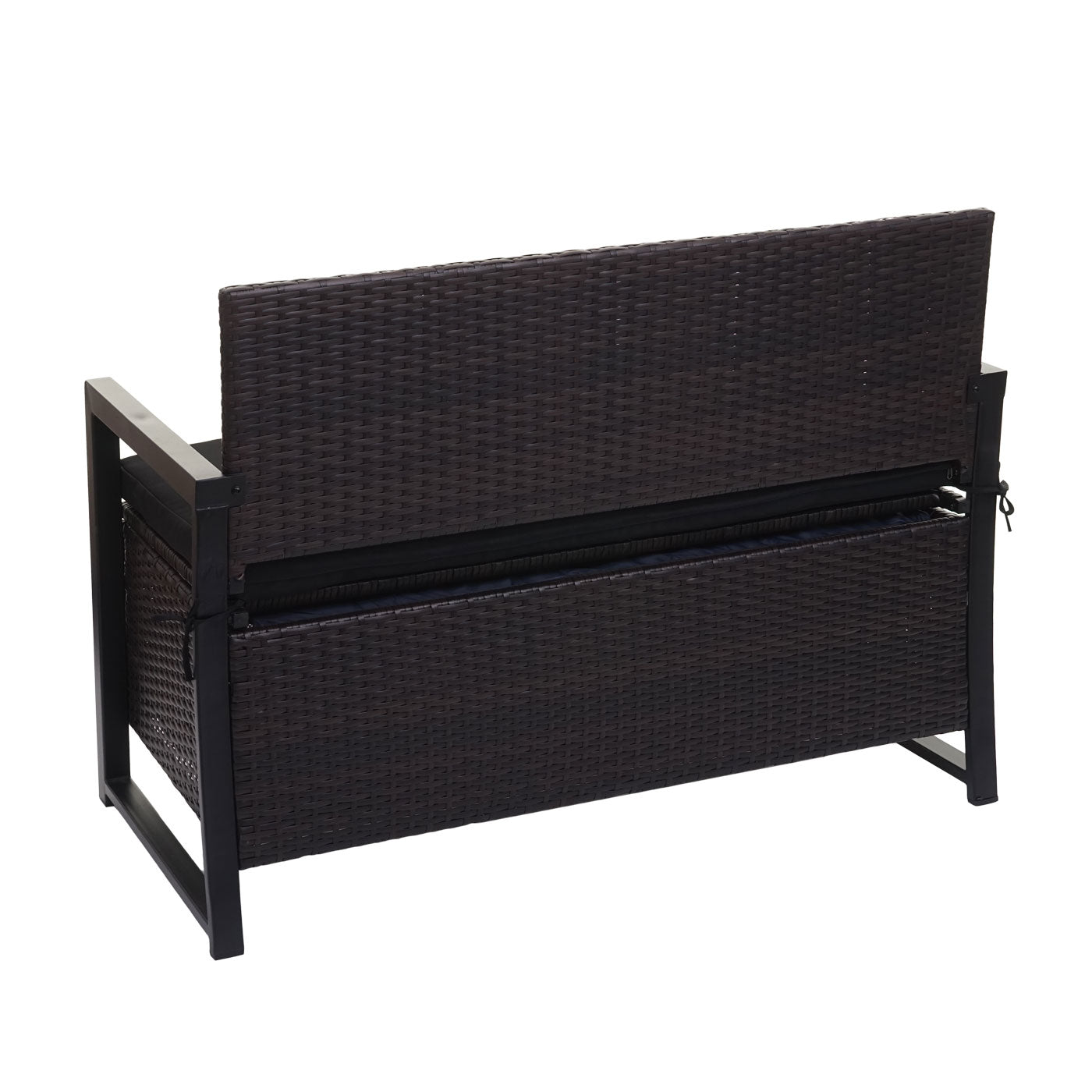 Poly-rattan 2-zitsbank MCW-F39, tuinbank kistbank, opbergvak zitkussens ~ bruin, kussens zwart
