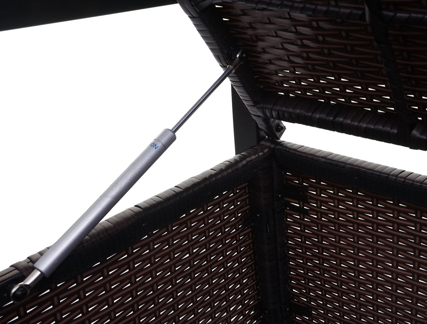 Poly-rattan 2-zitsbank MCW-F39, tuinbank kistbank, opbergvak zitkussens ~ bruin, kussens zwart