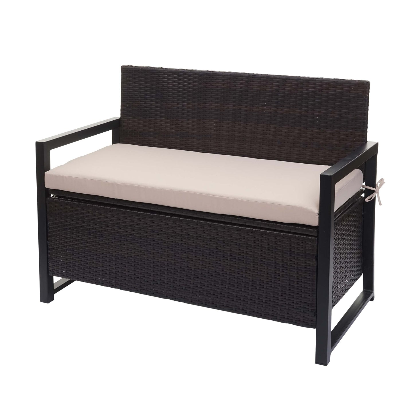 Poly-rattan 2-zitsbank MCW-F39, tuinbank kistbank, opbergvak zitkussens ~ bruin, kussens beige