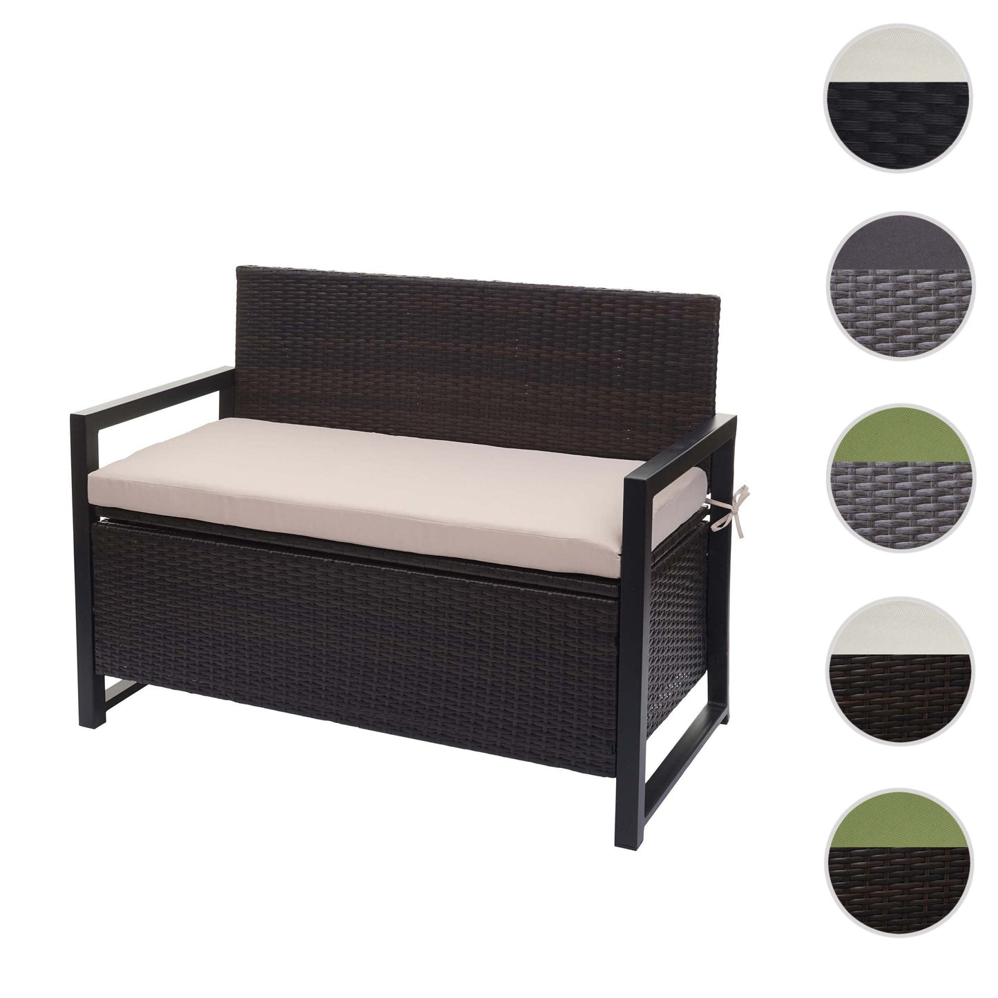 Poly-rattan 2-zitsbank MCW-F39, tuinbank kistbank, opbergvak zitkussens ~ bruin, kussens beige