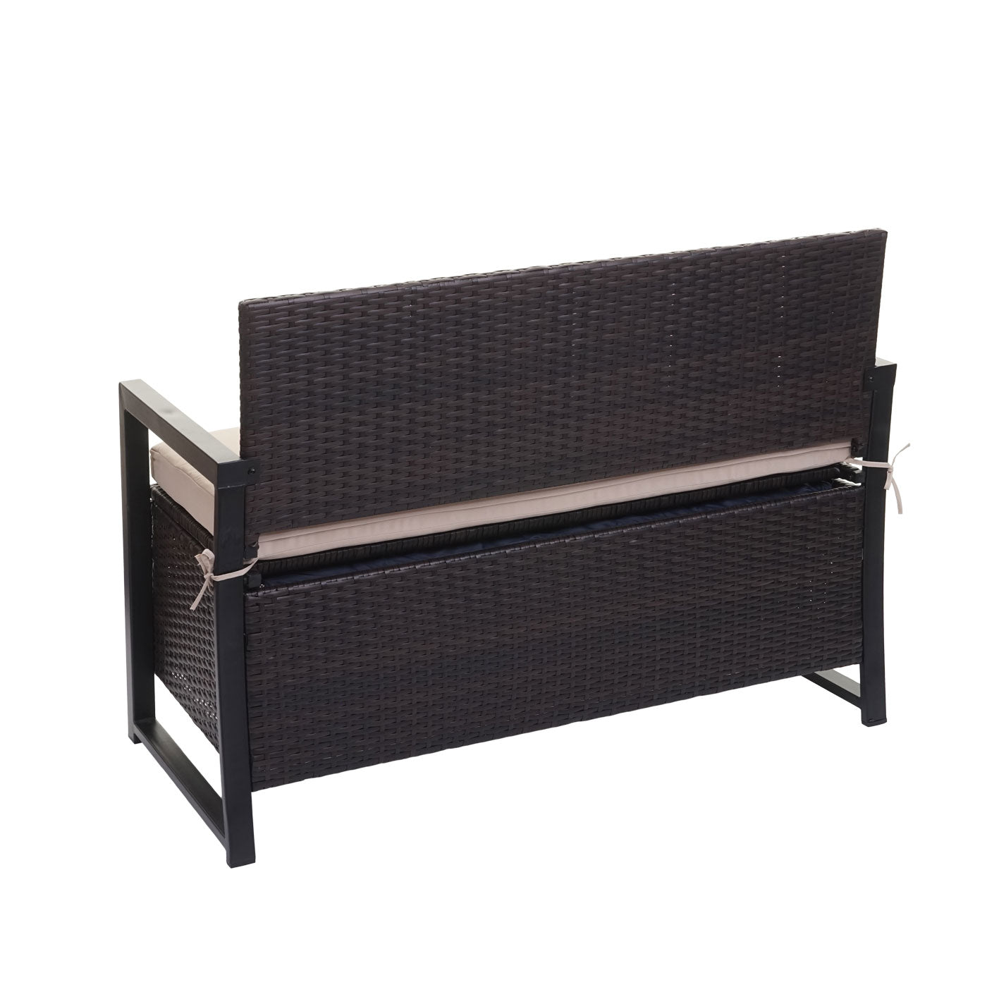 Poly-rattan 2-zitsbank MCW-F39, tuinbank kistbank, opbergvak zitkussens ~ bruin, kussens beige