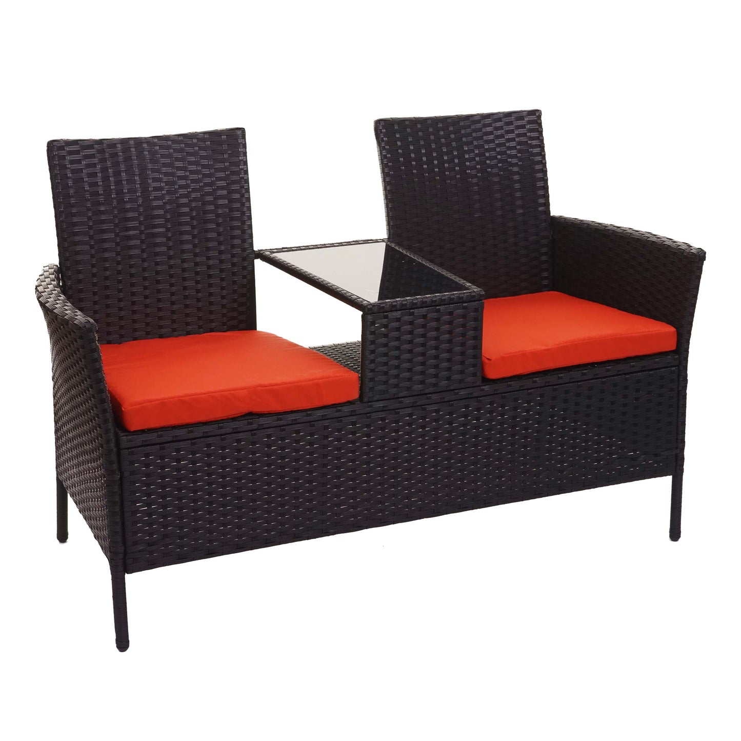 Poly-rattan bank met tafel MCW-E24, tuinbank zitgroep tuinbank, 132cm ~ zwart, terracotta kussens