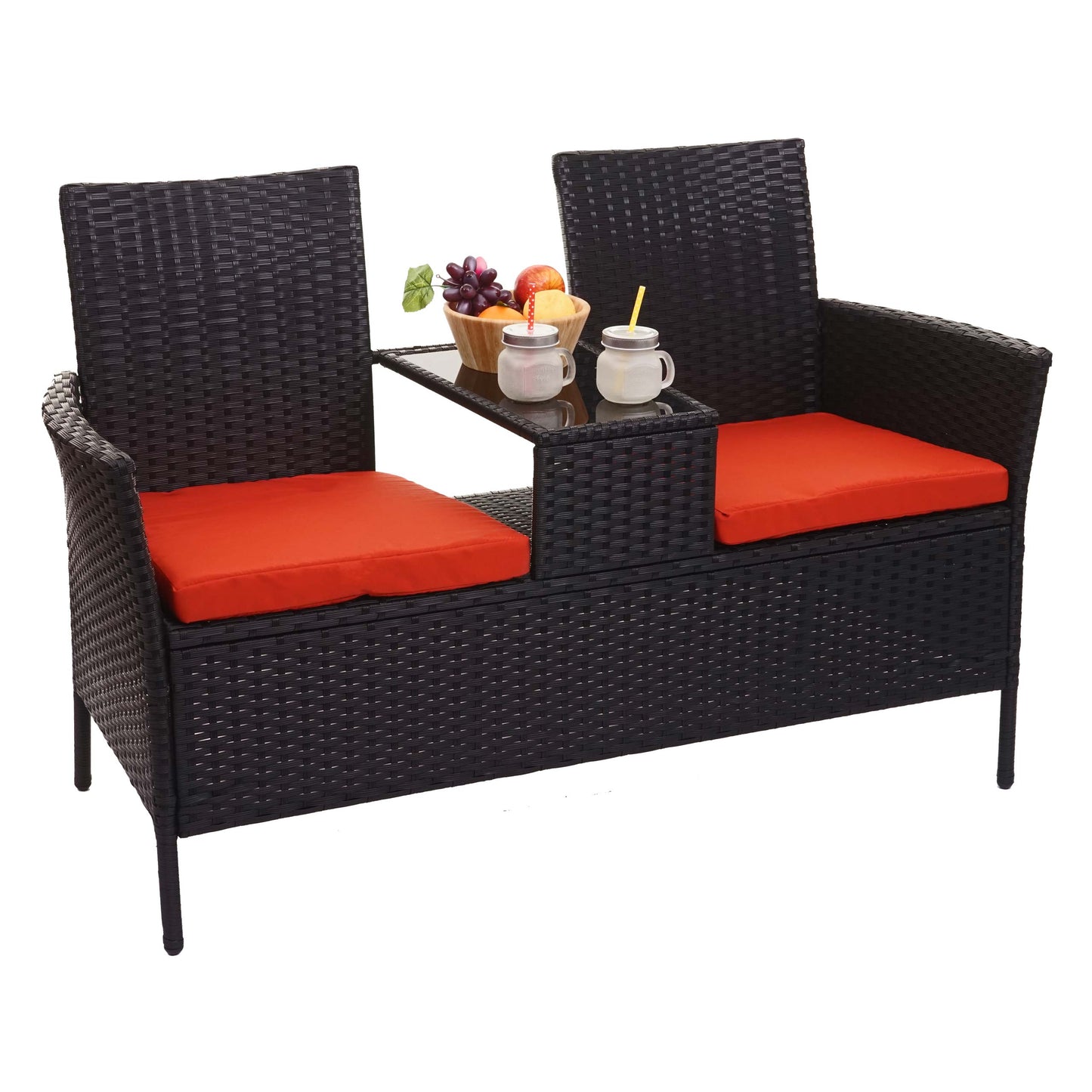 Poly-rattan bank met tafel MCW-E24, tuinbank zitgroep tuinbank, 132cm ~ zwart, terracotta kussens