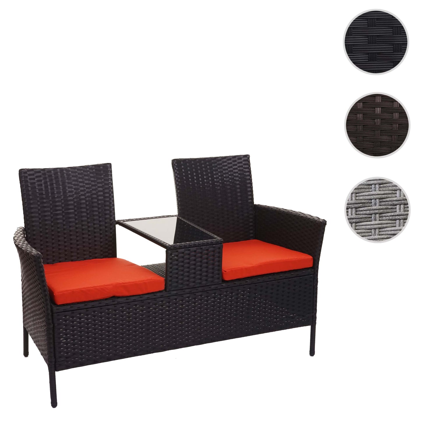 Poly-rattan bank met tafel MCW-E24, tuinbank zitgroep tuinbank, 132cm ~ zwart, terracotta kussens