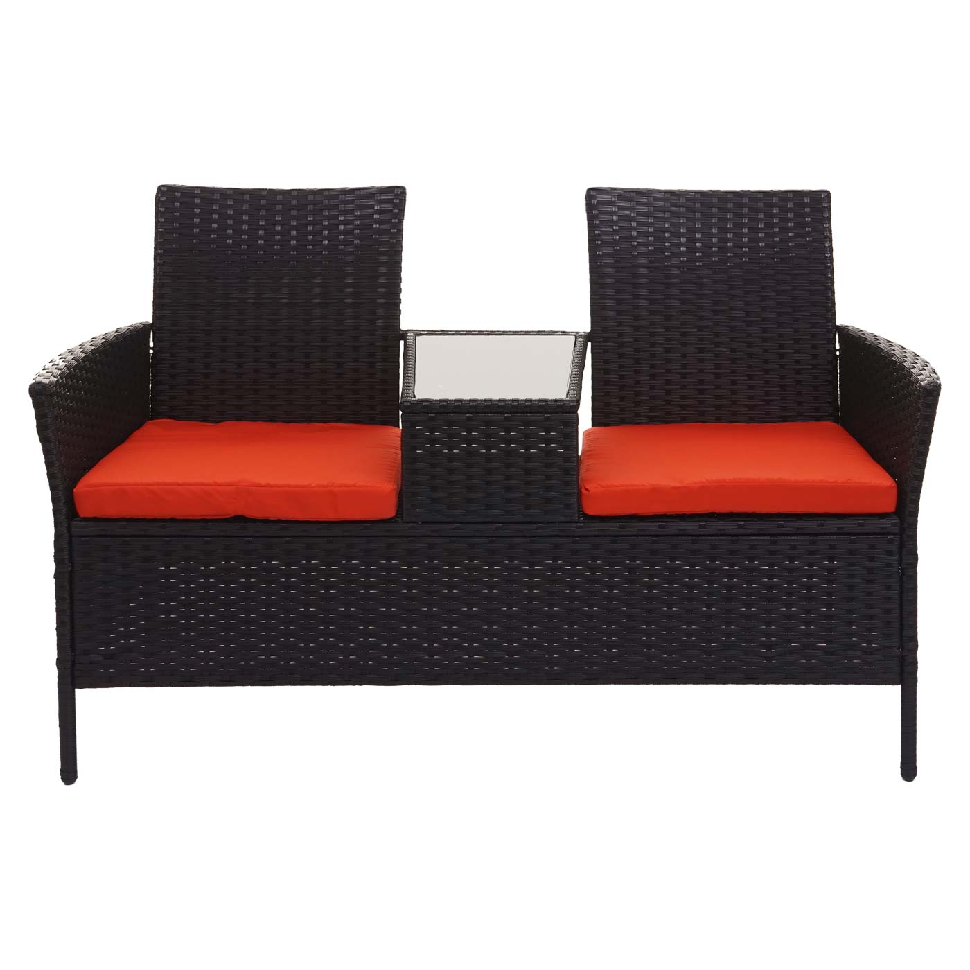 Poly-rattan bank met tafel MCW-E24, tuinbank zitgroep tuinbank, 132cm ~ zwart, terracotta kussens