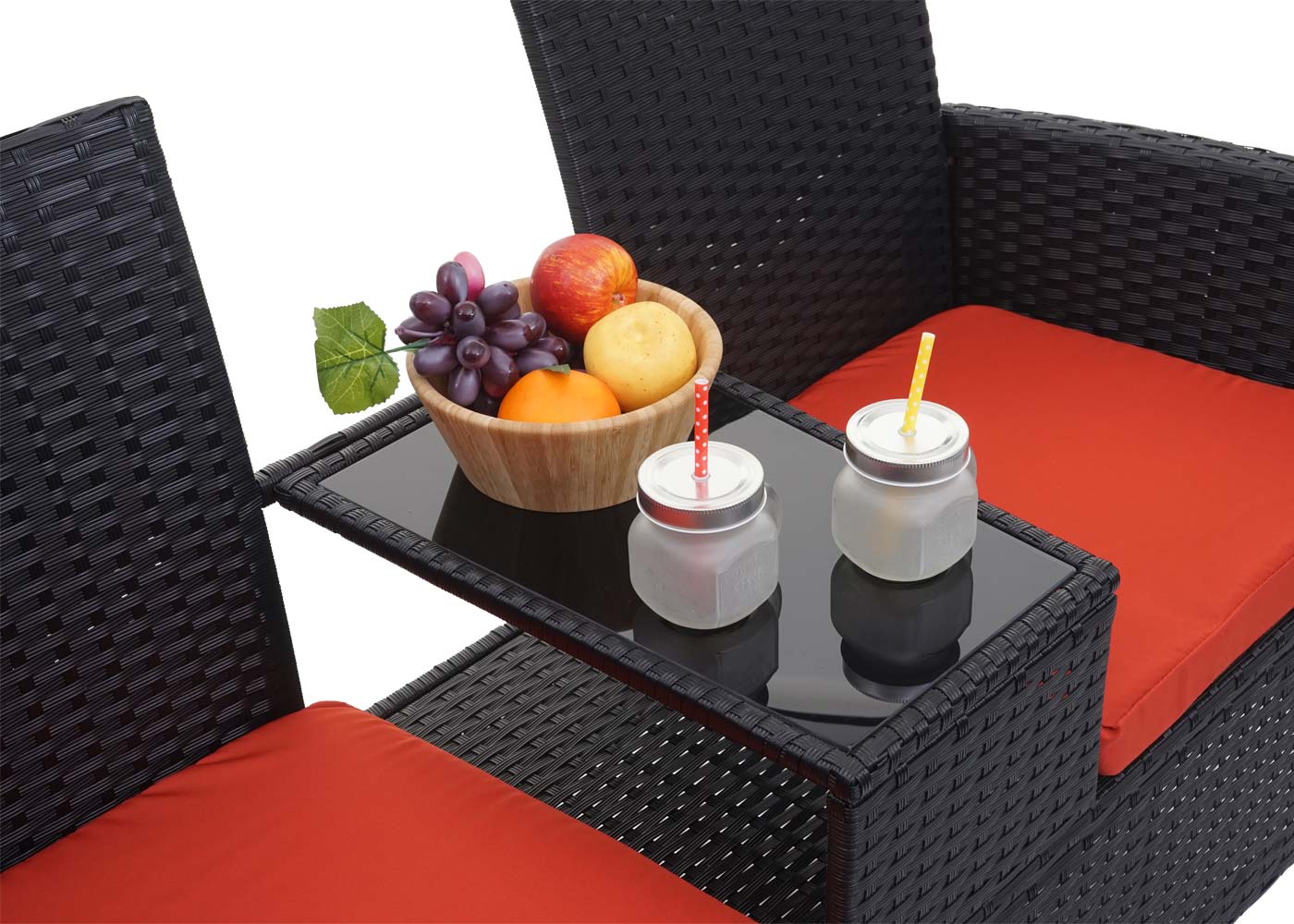 Poly-rattan bank met tafel MCW-E24, tuinbank zitgroep tuinbank, 132cm ~ zwart, terracotta kussens