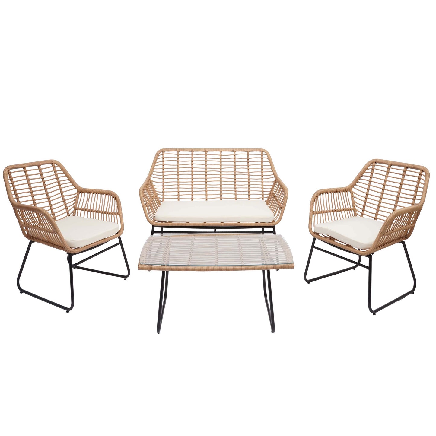 Polyrattan set MCW-G17a, tuinbankstel zitgroep stoel, touw ~ natuurlijke kleur, bekleding crème zonder sierkussens