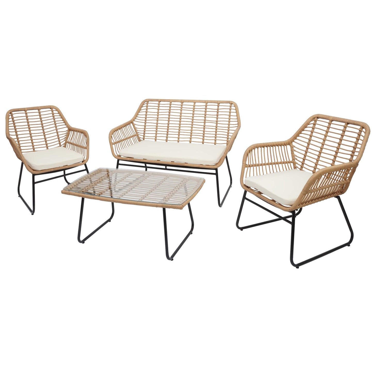 Polyrattan set MCW-G17a, tuinbankstel zitgroep stoel, touw ~ natuurlijke kleur, bekleding crème zonder sierkussens