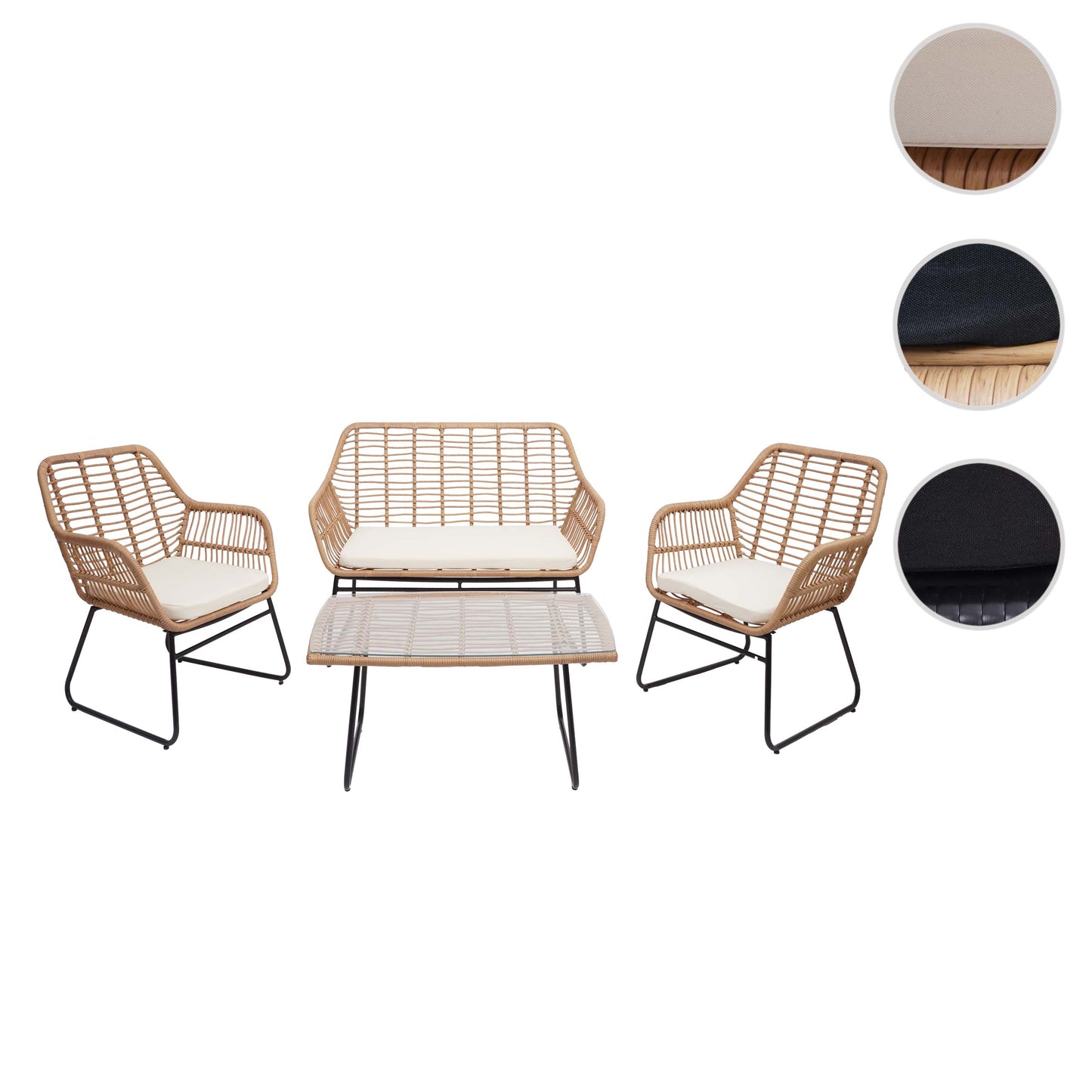 Polyrattan set MCW-G17a, tuinbankstel zitgroep stoel, touw ~ natuurlijke kleur, bekleding crème zonder sierkussens