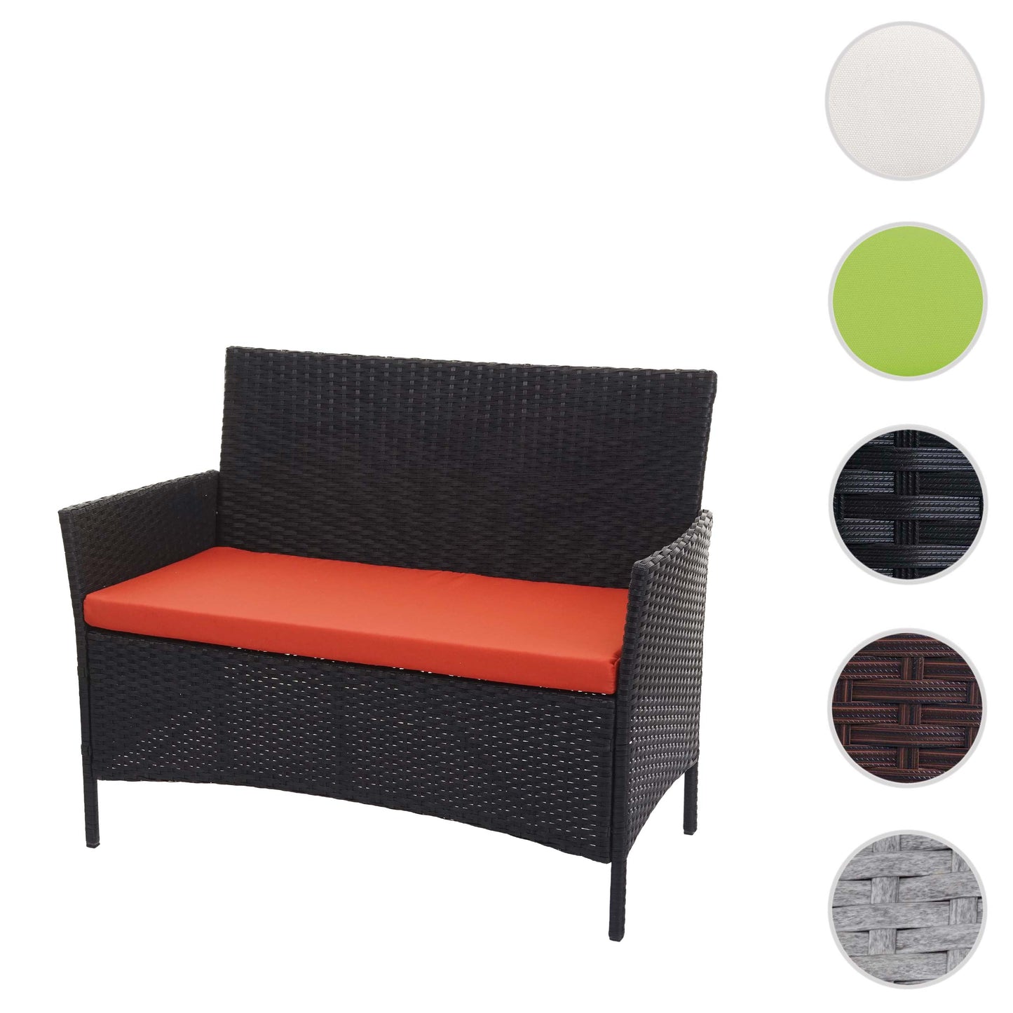 Poly-rattan tuinbank Halden, zitbank ~ zwart, terracotta kussens