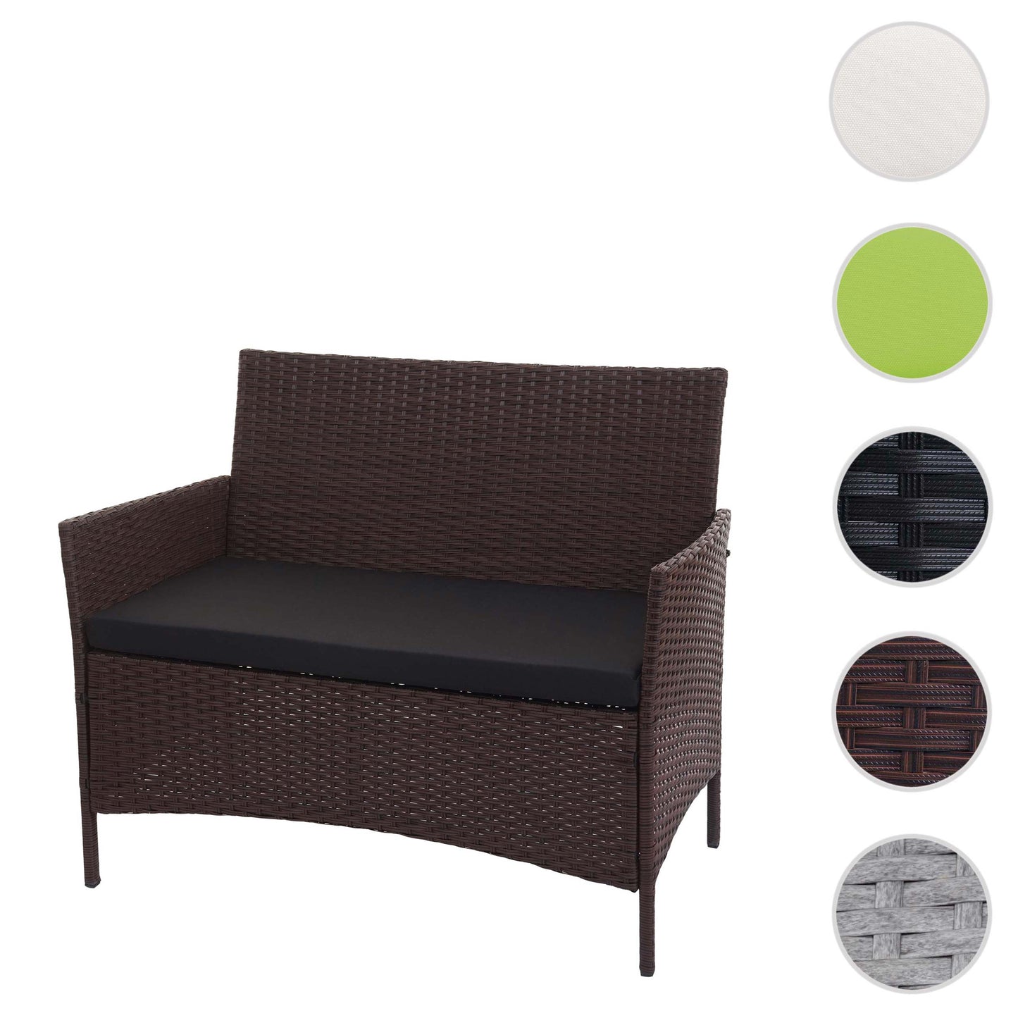 Poly-rattan tuinbank Halden, zitting ~ bruin-gemarmerd, kussens zwart