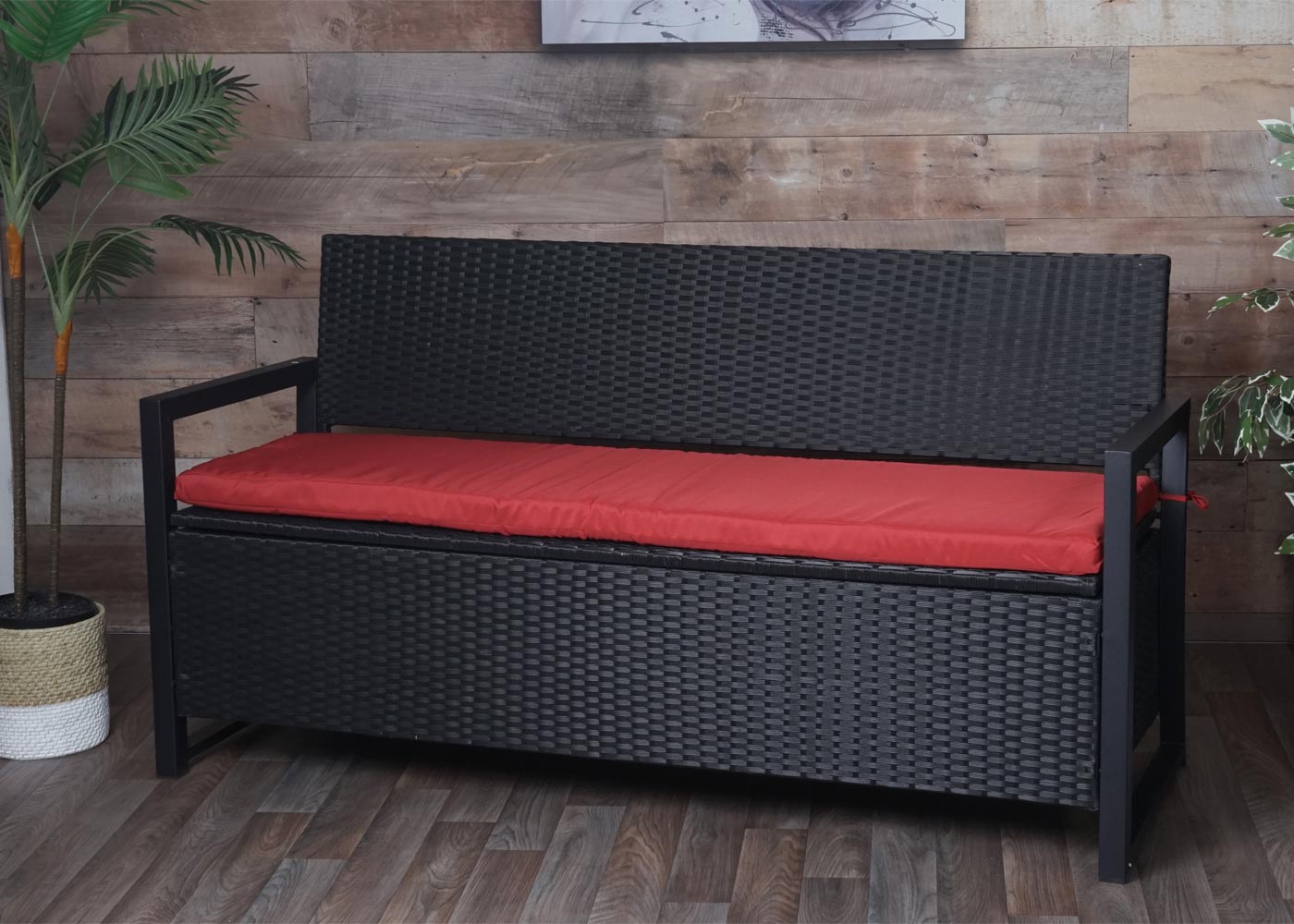 Poly-rattan 3-zitsbank MCW-F39, tuinbank kistbank, opbergvak zitkussens ~ antraciet, bordeaux kussens