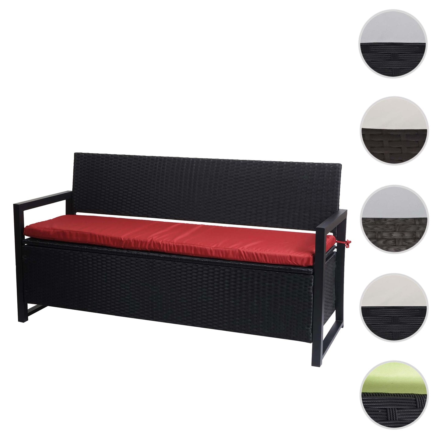 Poly-rattan 3-zitsbank MCW-F39, tuinbank kistbank, opbergvak zitkussens ~ antraciet, bordeaux kussens