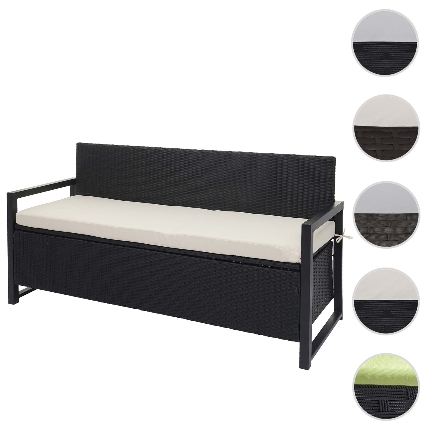 Poly-rattan 3-zitsbank MCW-F39, tuinbank kistbank, opbergvak zitkussens ~ antraciet, kussens crème