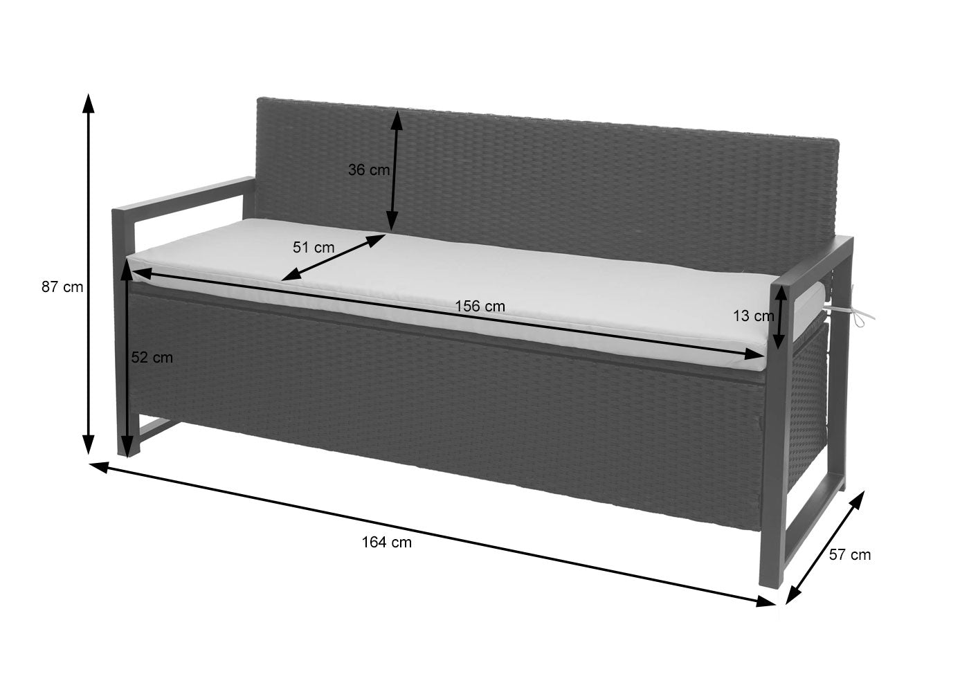 Poly-rattan 3-zitsbank MCW-F39, tuinbank kistbank, opbergvak zitkussens ~ antraciet, kussens groen