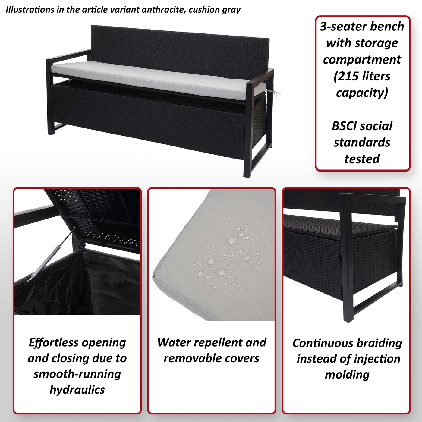 Poly-rattan 3-zitsbank MCW-F39, tuinbank kistbank, opbergvak zitkussens ~ antraciet, kussens zwart