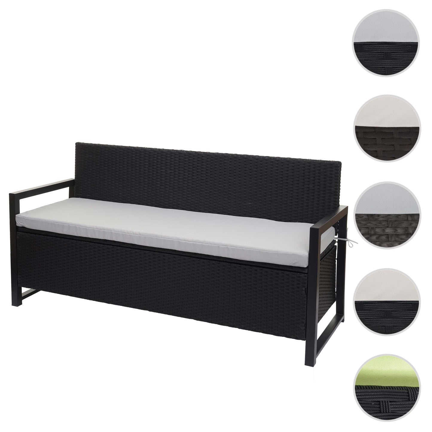 Poly-rattan 3-zitsbank MCW-F39, tuinbank kistbank, opbergvak zitkussens ~ antraciet, grijze kussens