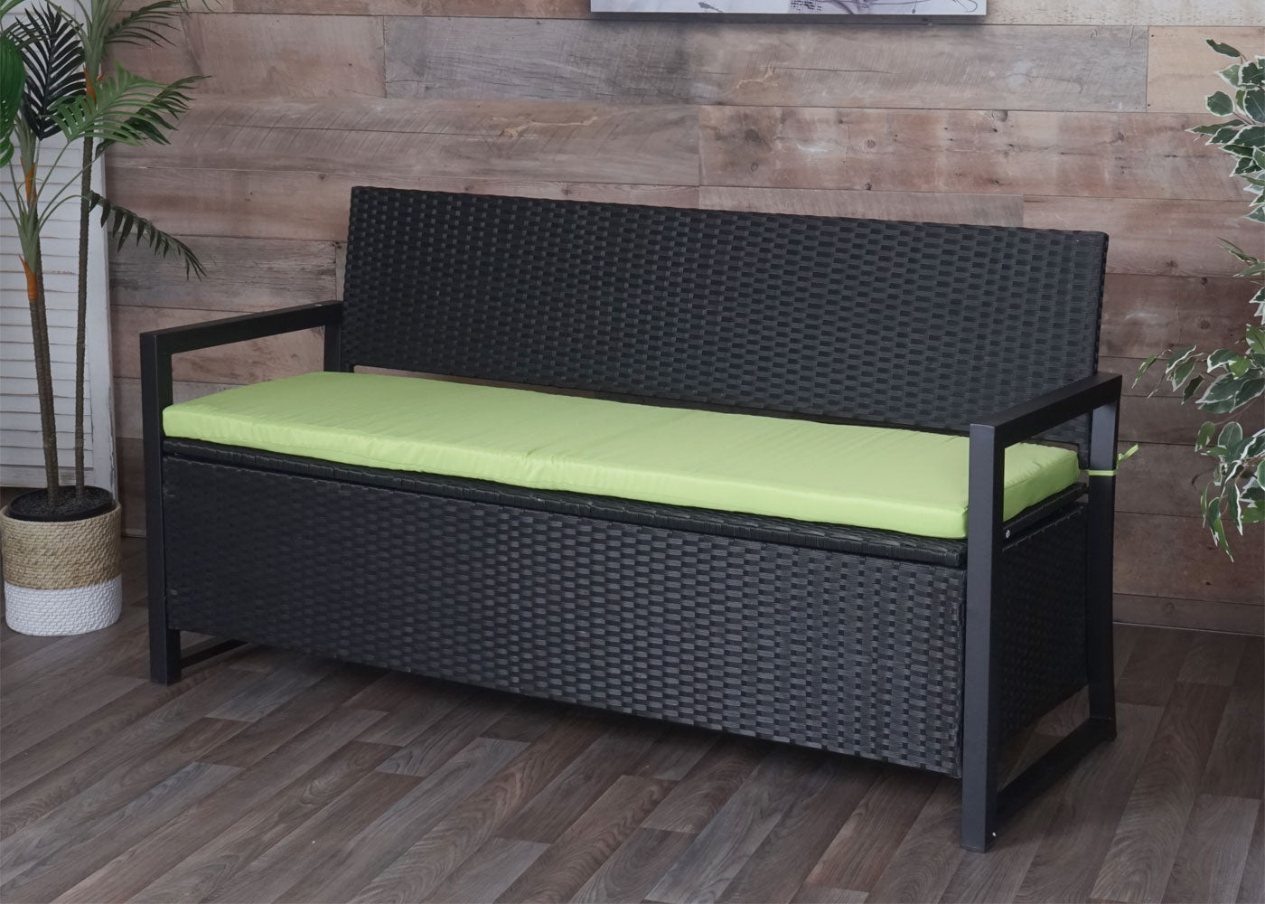 Poly-rattan 3-zitsbank MCW-F39, tuinbank kistbank, opbergvak zitkussens ~ antraciet, kussens groen
