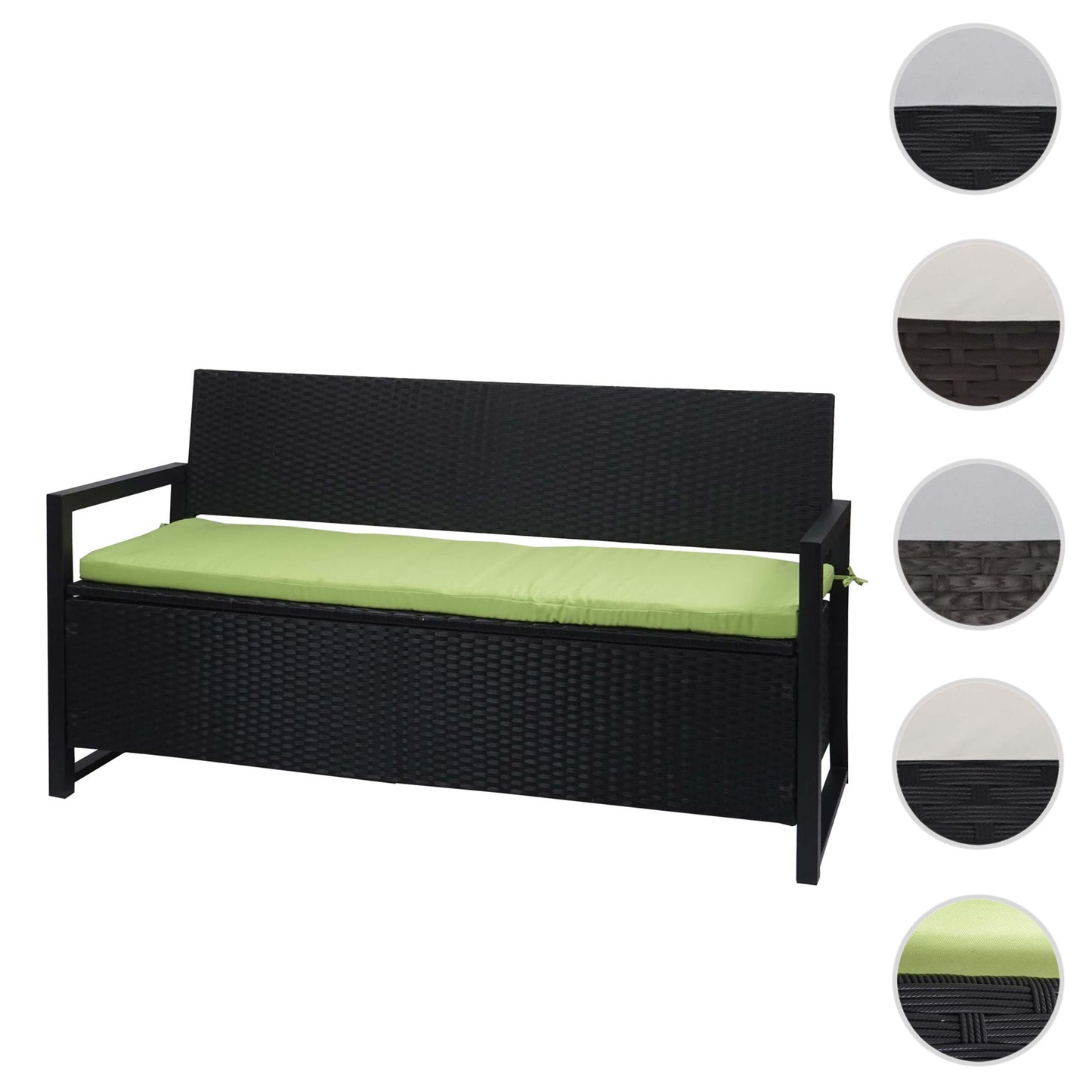 Poly-rattan 3-zitsbank MCW-F39, tuinbank kistbank, opbergvak zitkussens ~ antraciet, kussens groen