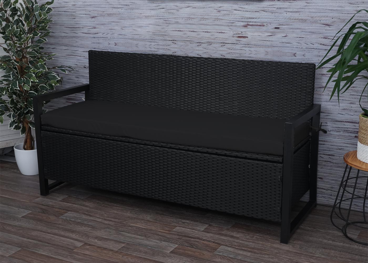 Poly-rattan 3-zitsbank MCW-F39, tuinbank kistbank, opbergvak zitkussens ~ antraciet, kussens zwart