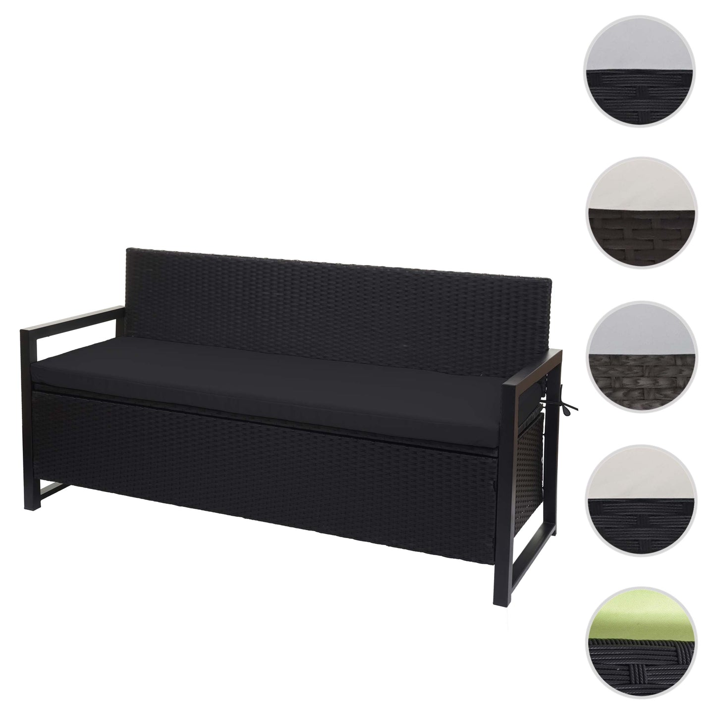 Poly-rattan 3-zitsbank MCW-F39, tuinbank kistbank, opbergvak zitkussens ~ antraciet, kussens zwart