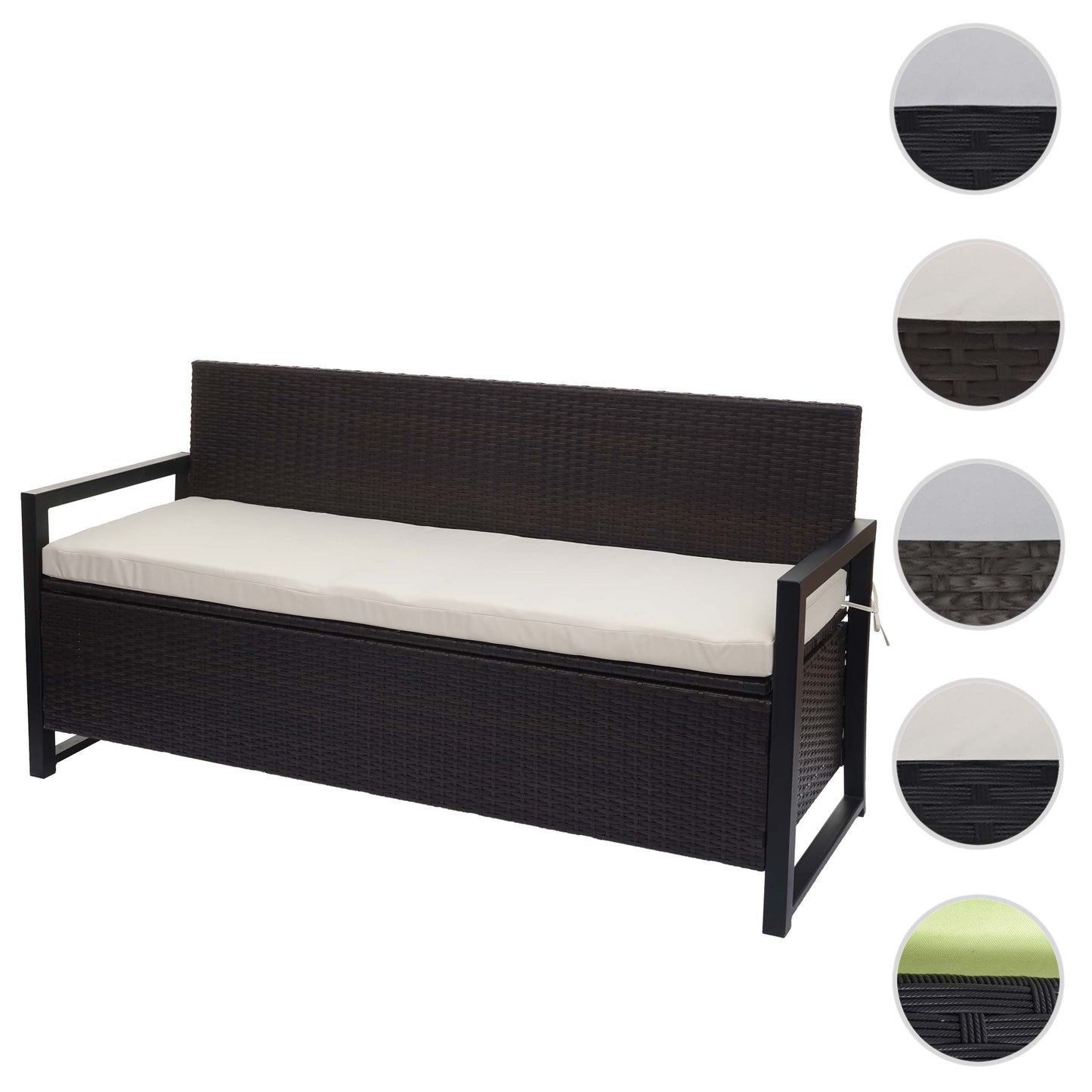 Poly-rattan 3-zitsbank MCW-F39, tuinbank kistbank, opbergvak zitkussens ~ bruin, kussens crème