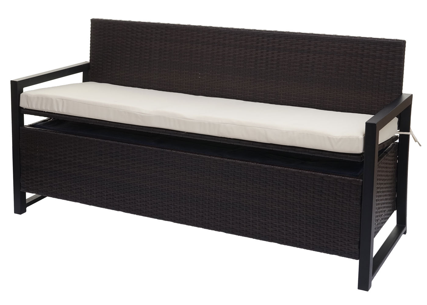 Poly-rattan 3-zitsbank MCW-F39, tuinbank kistbank, opbergvak zitkussens ~ bruin, kussens crème