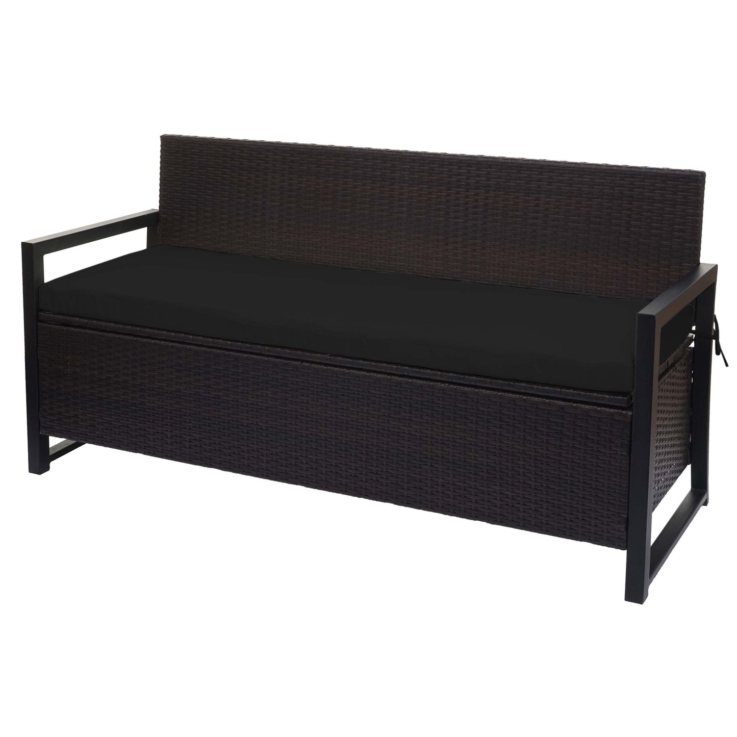 Poly-rattan 3-zitsbank MCW-F39, tuinbank kistbank, opbergvak zitkussens ~ bruin, kussens zwart