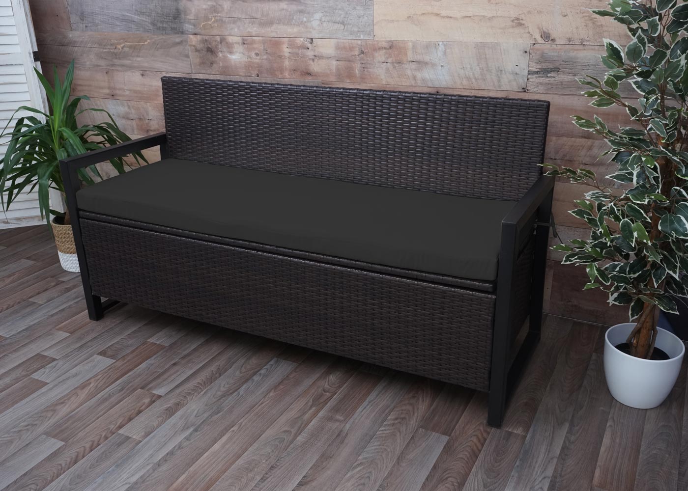Poly-rattan 3-zitsbank MCW-F39, tuinbank kistbank, opbergvak zitkussens ~ bruin, kussens zwart
