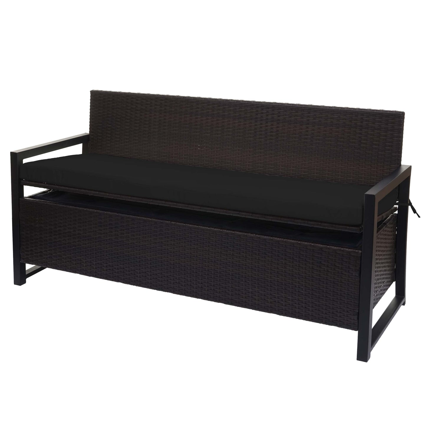 Poly-rattan 3-zitsbank MCW-F39, tuinbank kistbank, opbergvak zitkussens ~ bruin, kussens zwart