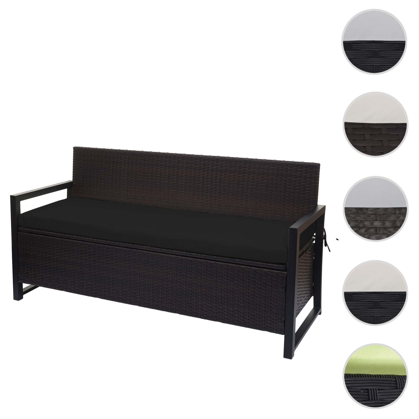Poly-rattan 3-zitsbank MCW-F39, tuinbank kistbank, opbergvak zitkussens ~ bruin, kussens zwart