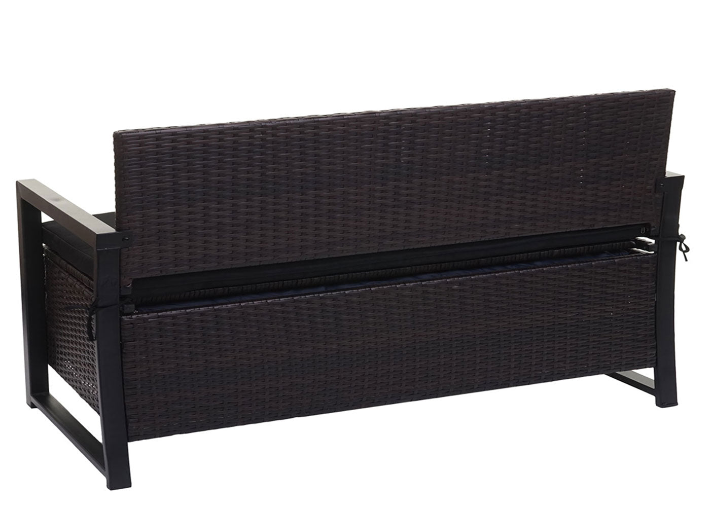 Poly-rattan 3-zitsbank MCW-F39, tuinbank kistbank, opbergvak zitkussens ~ bruin, kussens zwart
